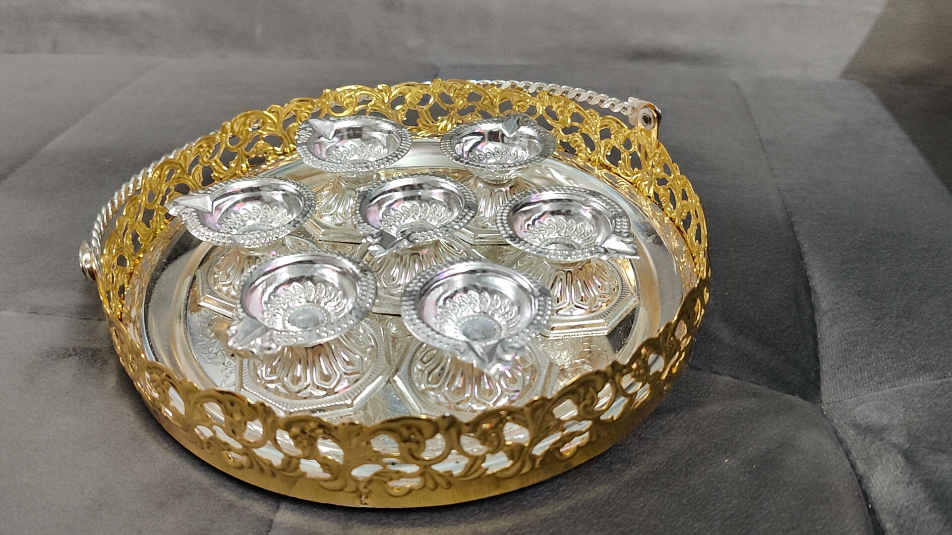 Imported German silver 8" tray with deepam 7pcs