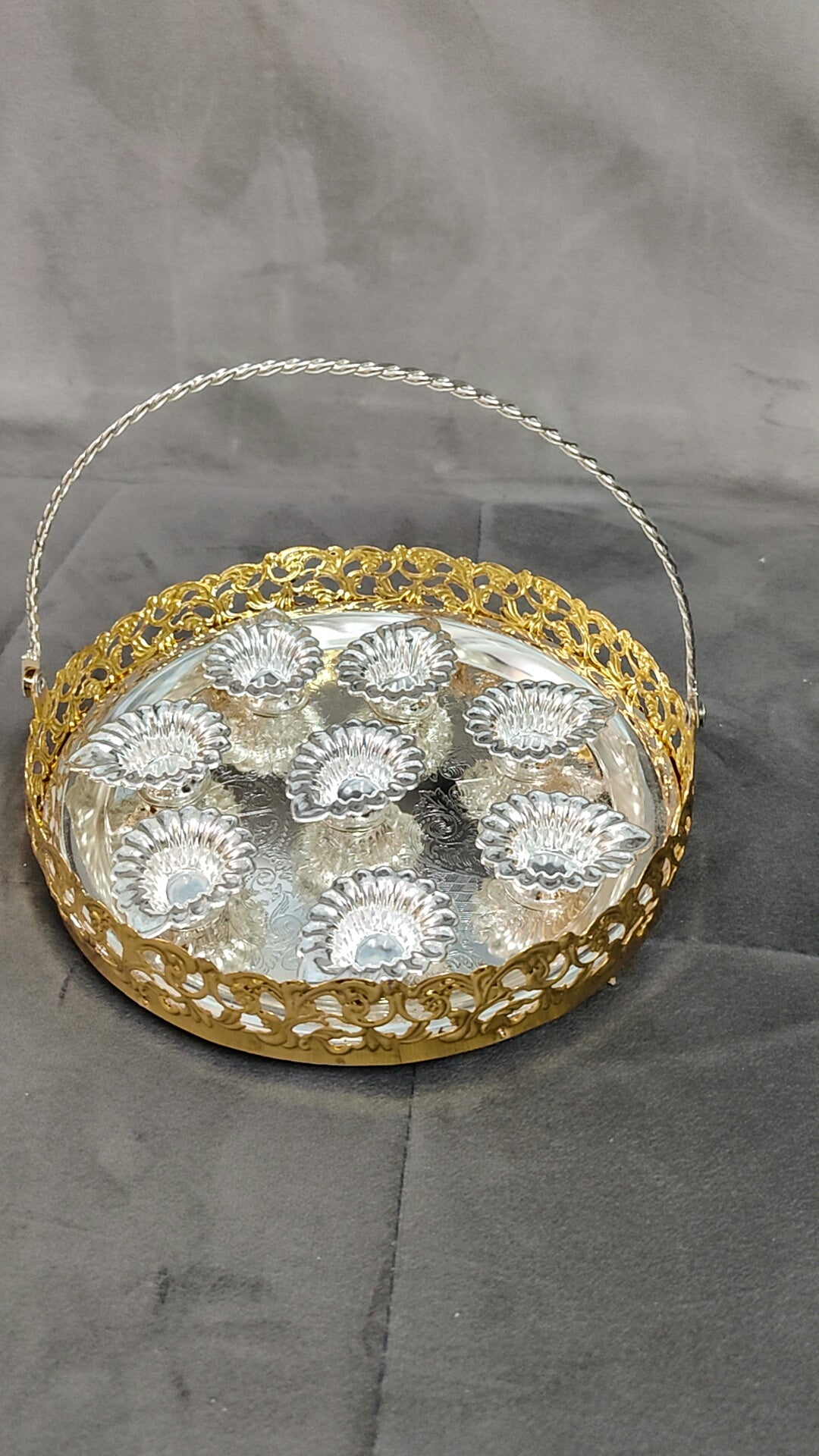 Imported German silver 8" tray with deepam 8pcs