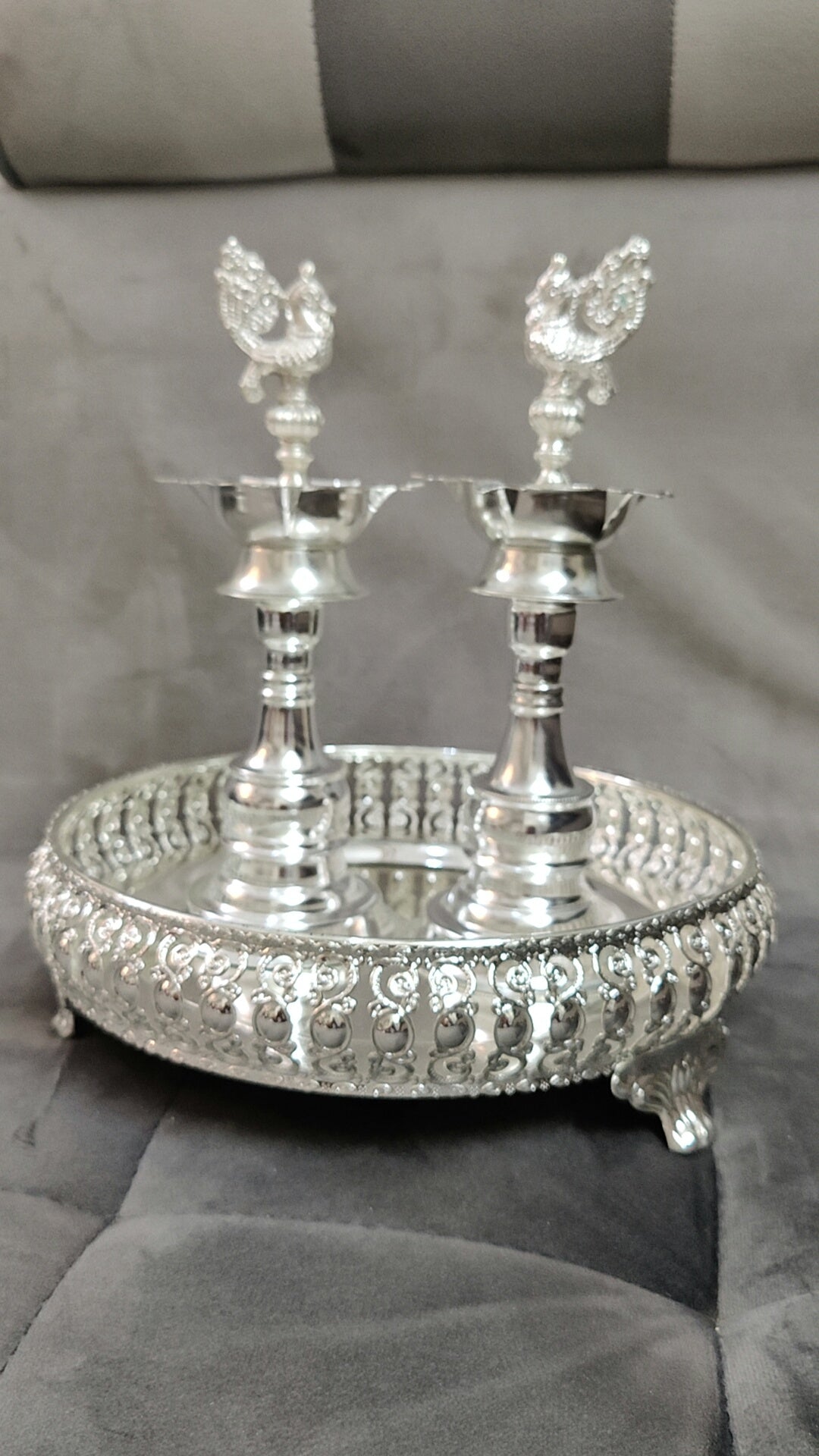 Imported German silver 10" tray with peacock deepam 10"