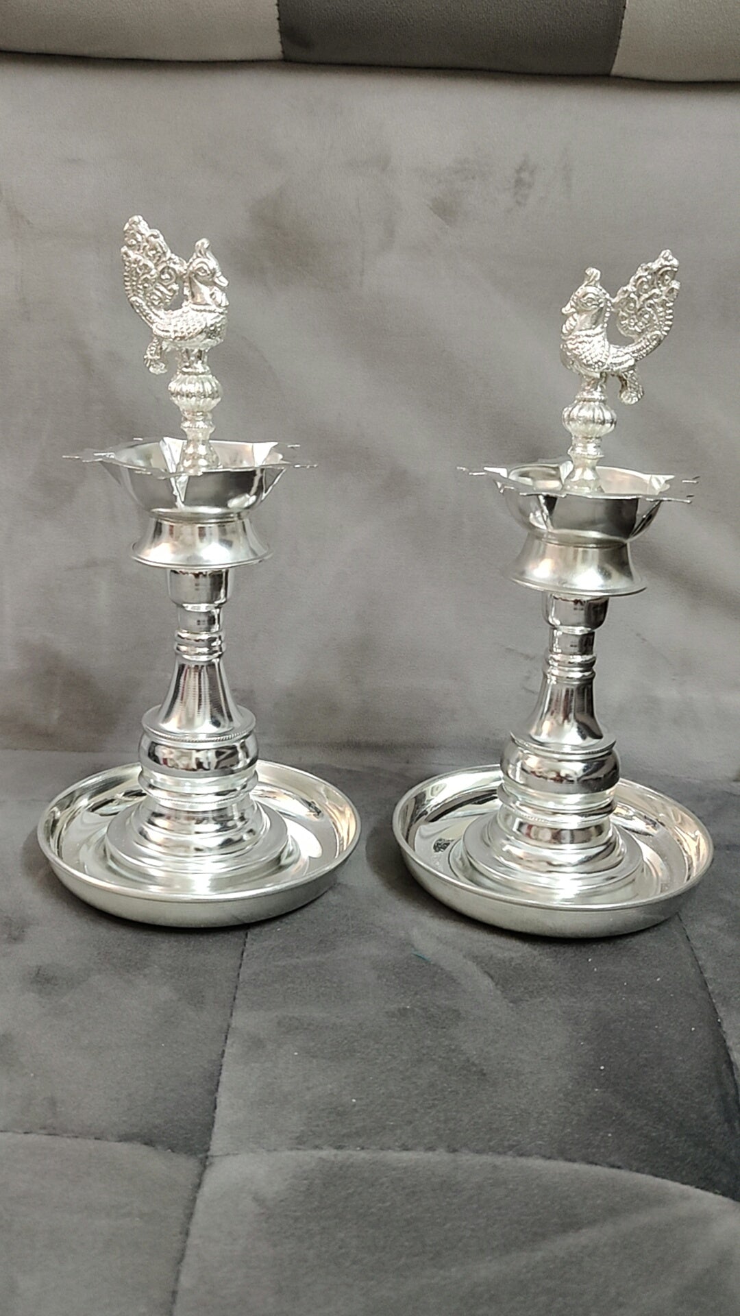 German silver 10" peacock deepam with base plates