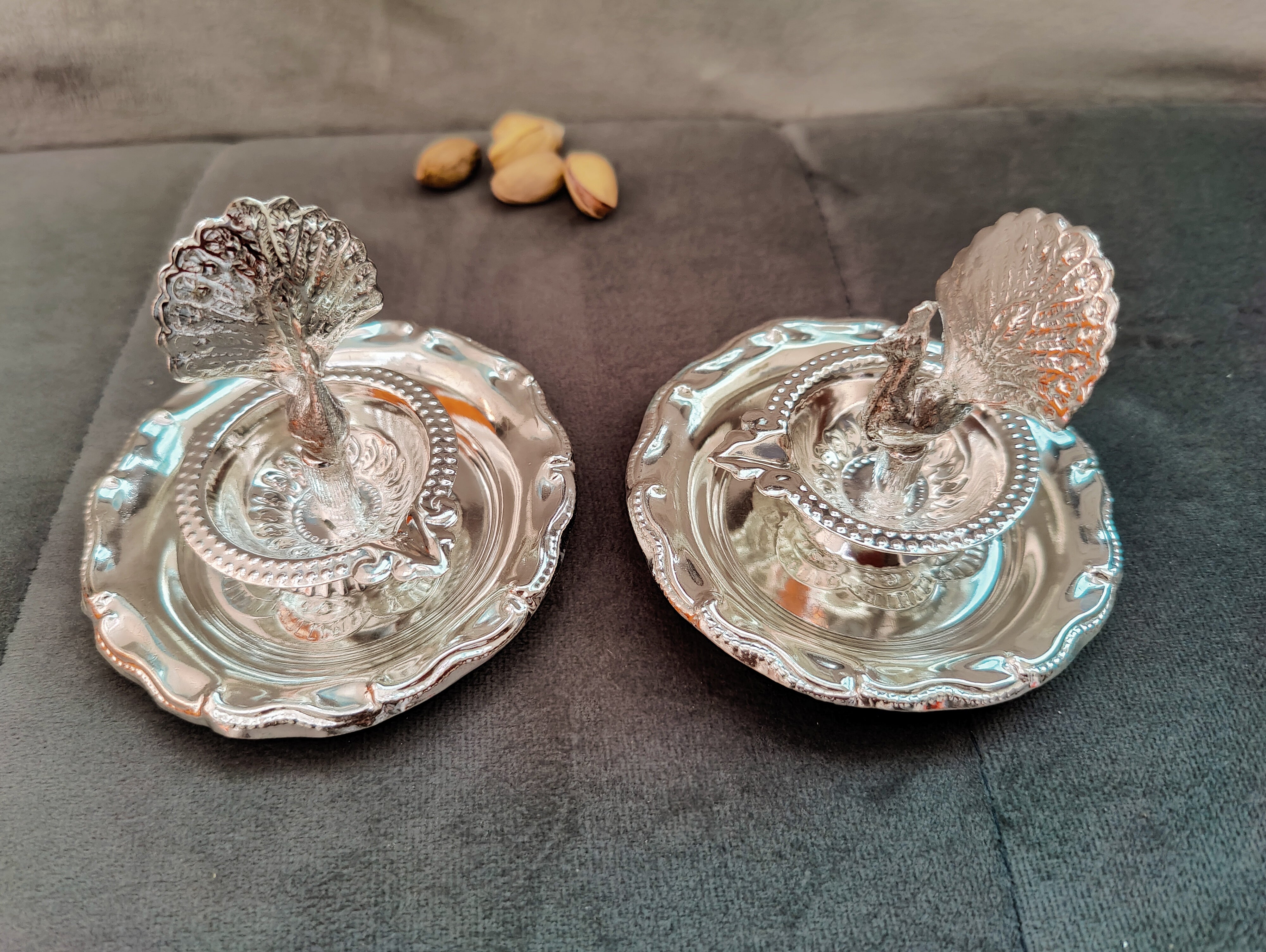 German silver washable peacock Deepam pair 3"