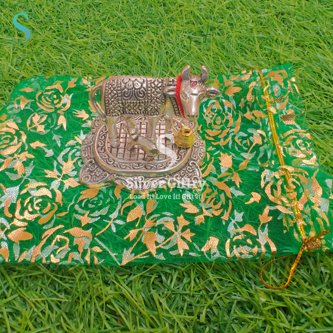Antique Silver Cow and Calf with Net Bag