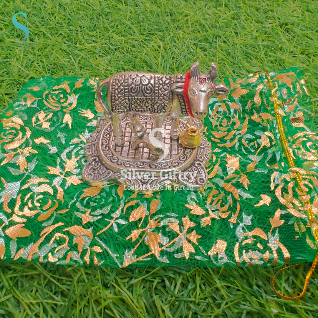 Antique Silver Cow and Calf with Net Bag
