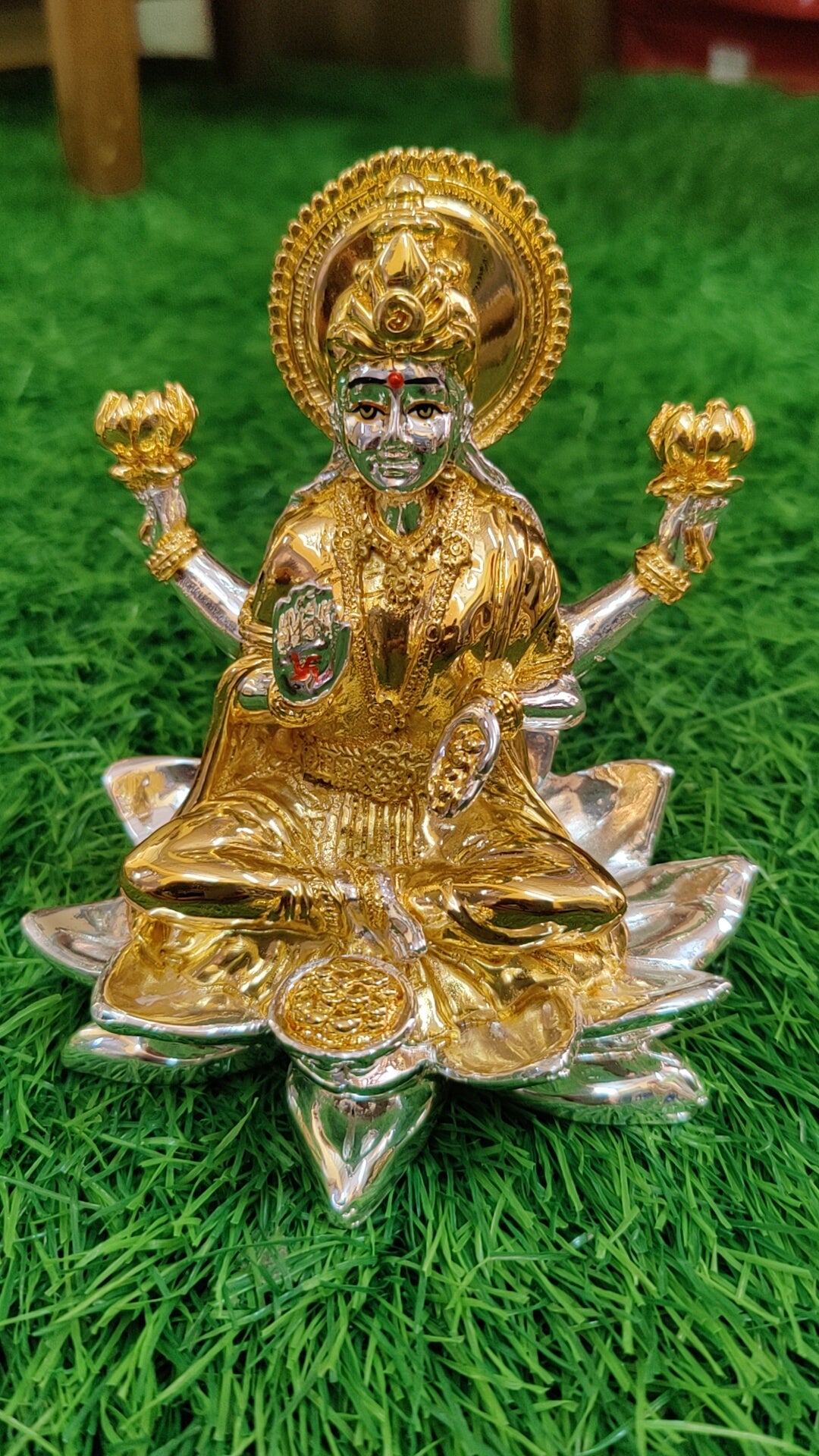GS Gold and Silver Lotus Lakshmi Idol 4"