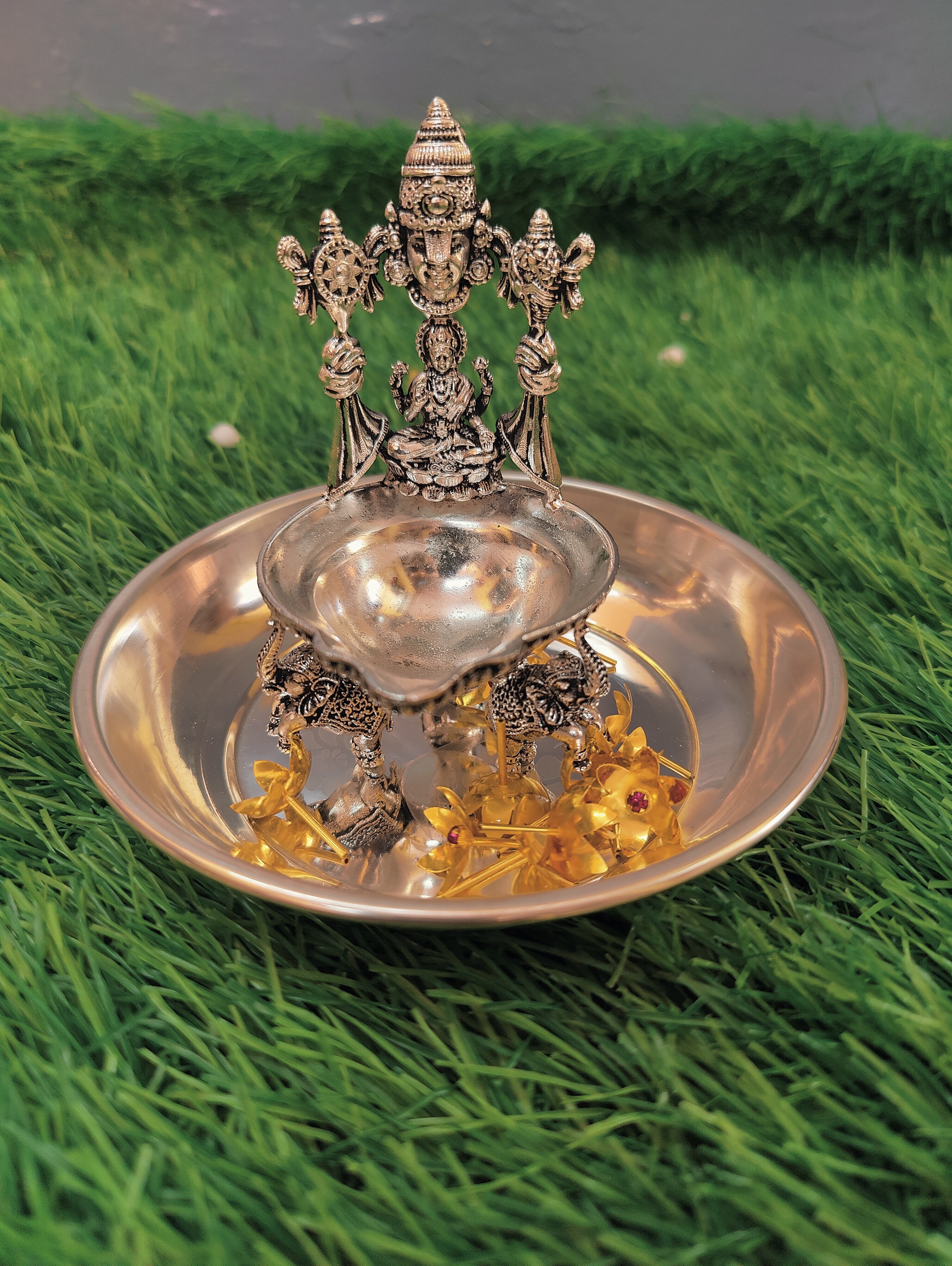 German Silver Antique Balaji Lakshmi Diya Combo