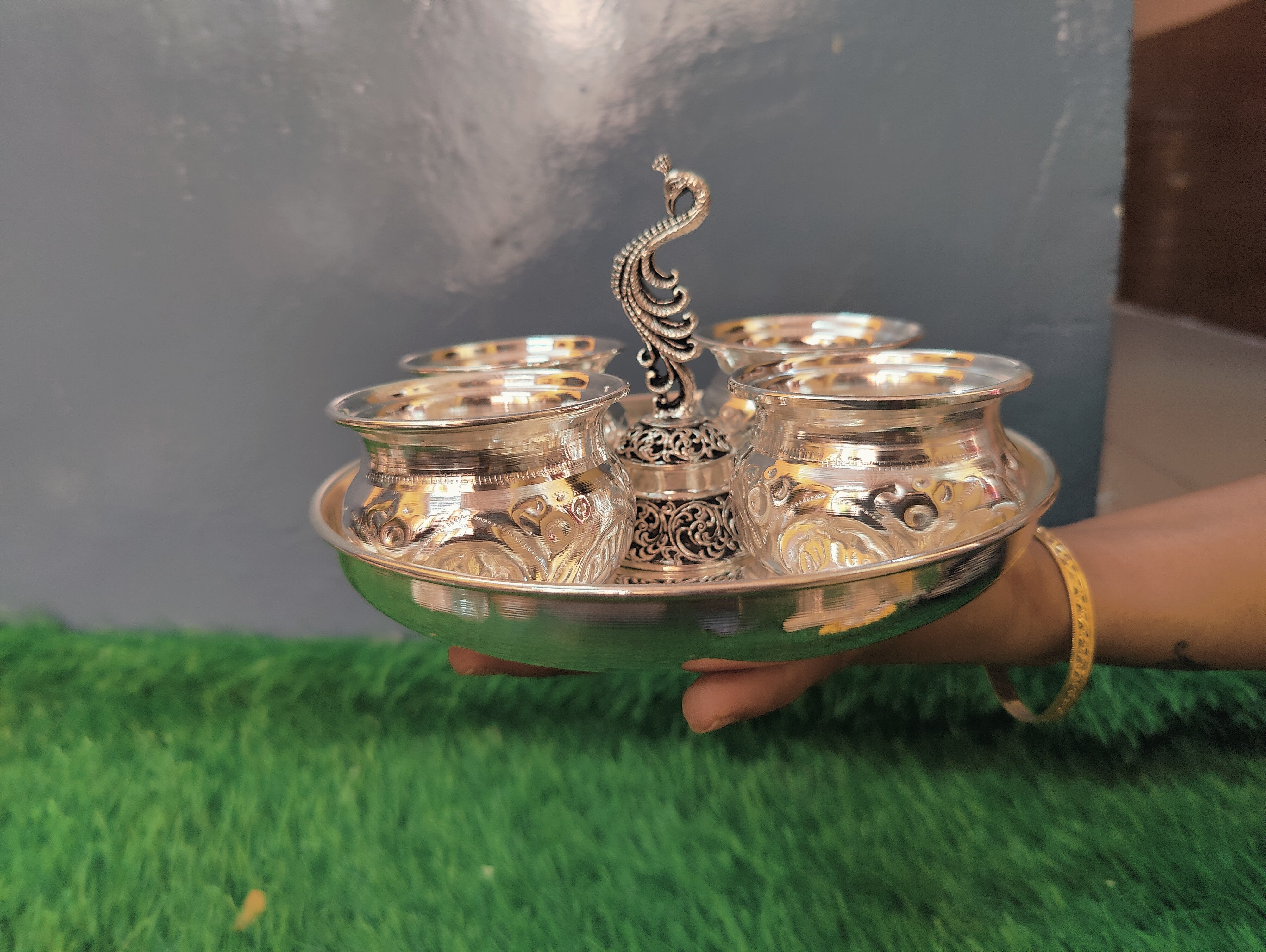 GS fancy Pooja set 8" combo kum kum Bowls with antique bell
