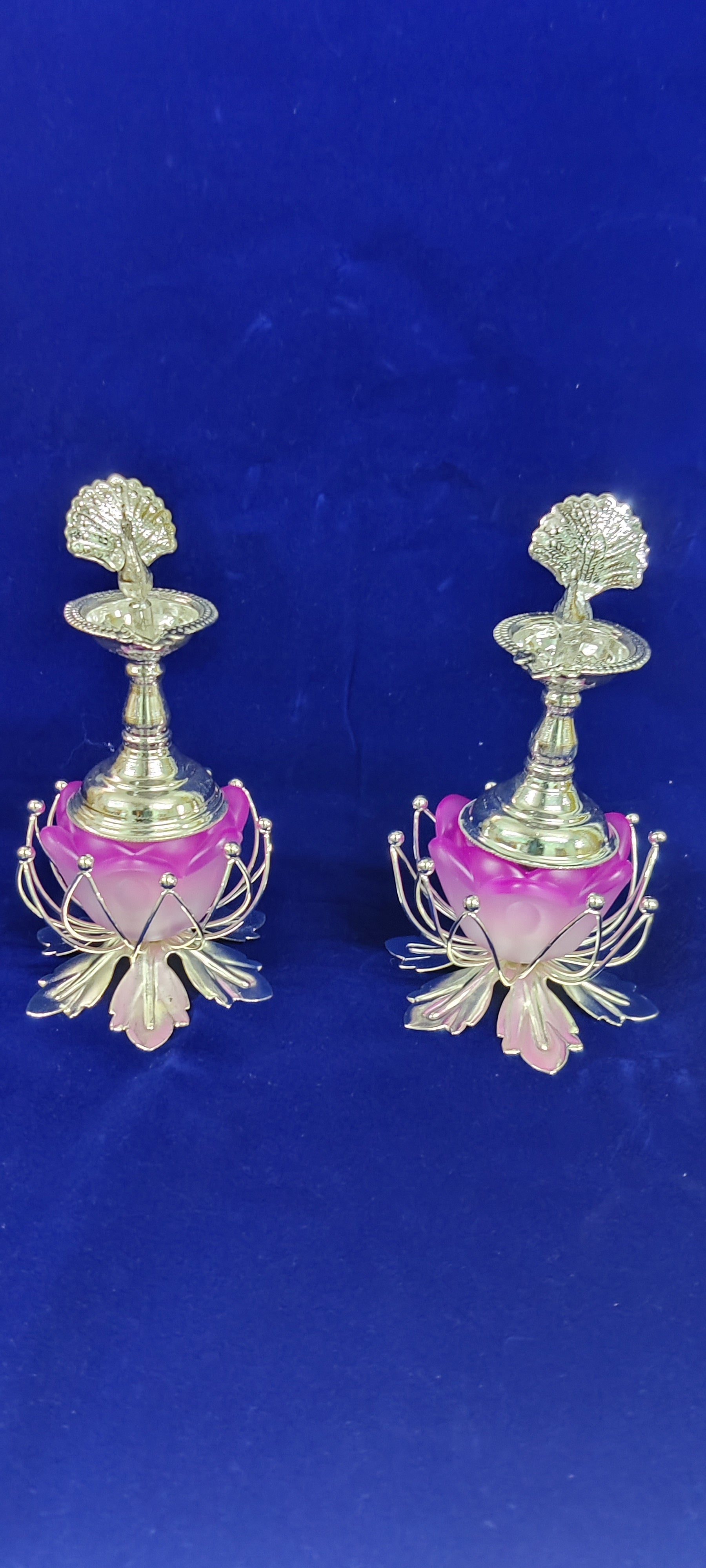 German Silver Peacock Diya 5" Pair With Lotus Candle Stand