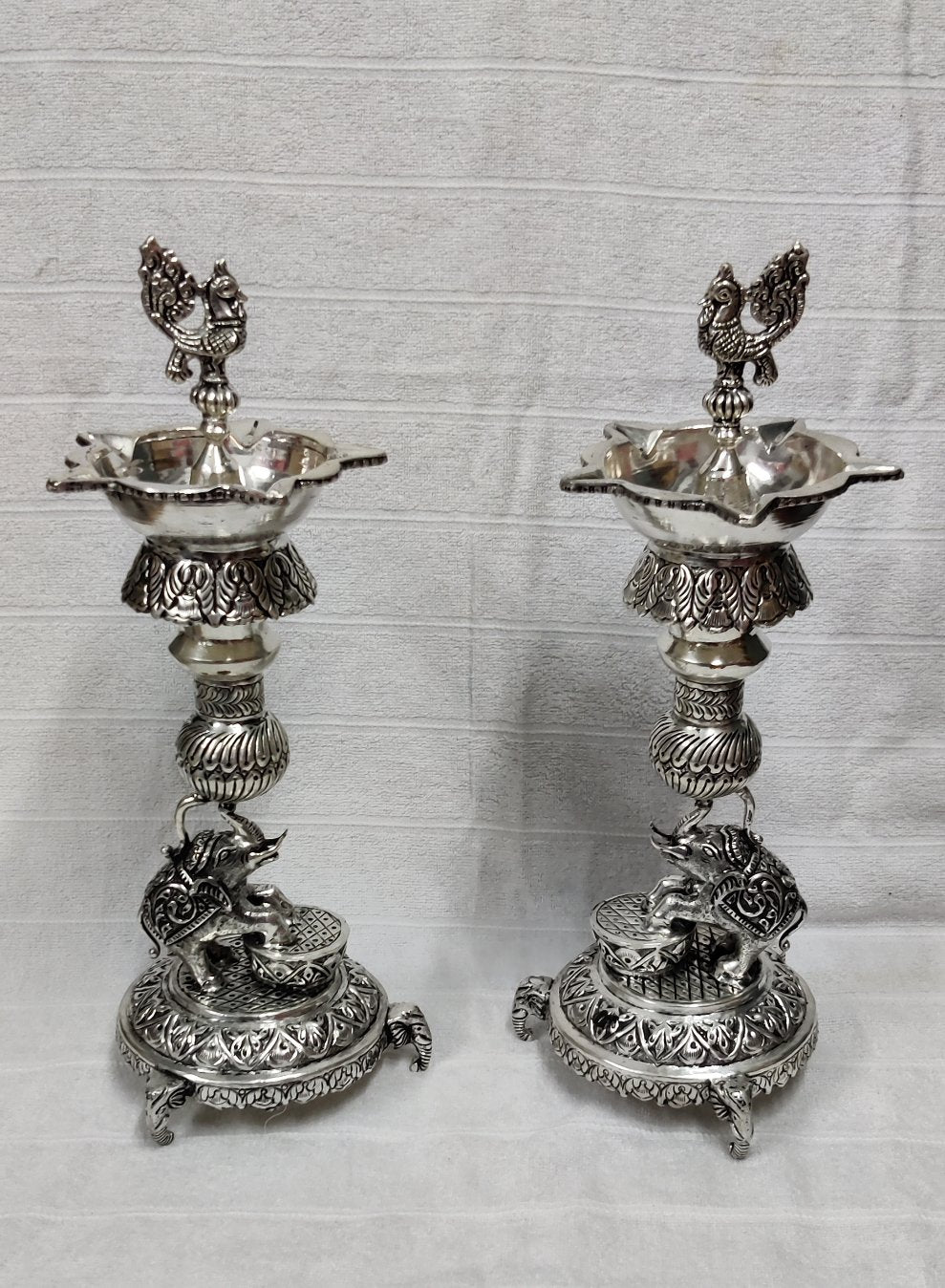 Antique German Silver Elephant Diya 15" Pair (Delivery In 20 Days)