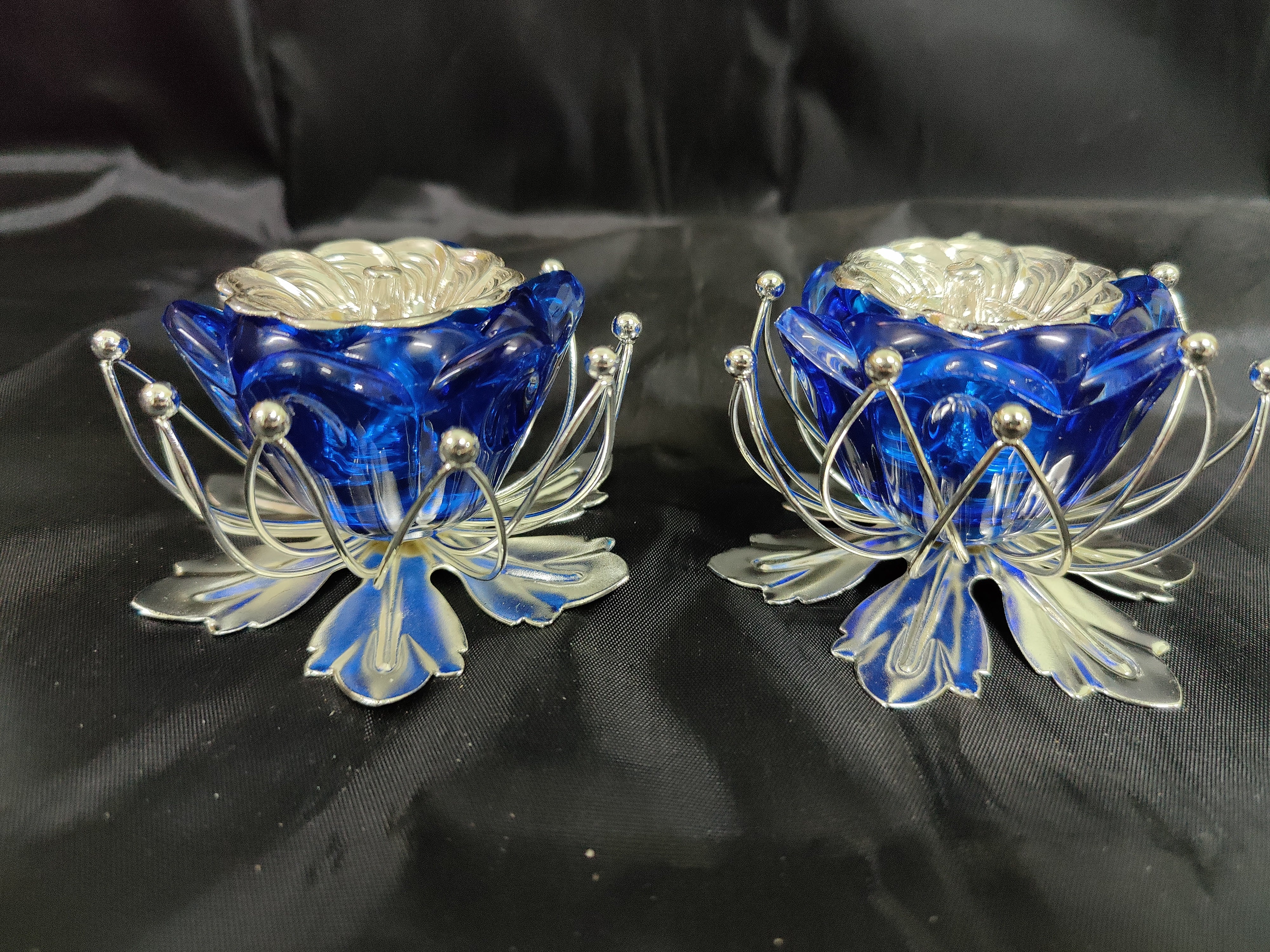 German Silver Lotus Stand With Fancy Diya Pair