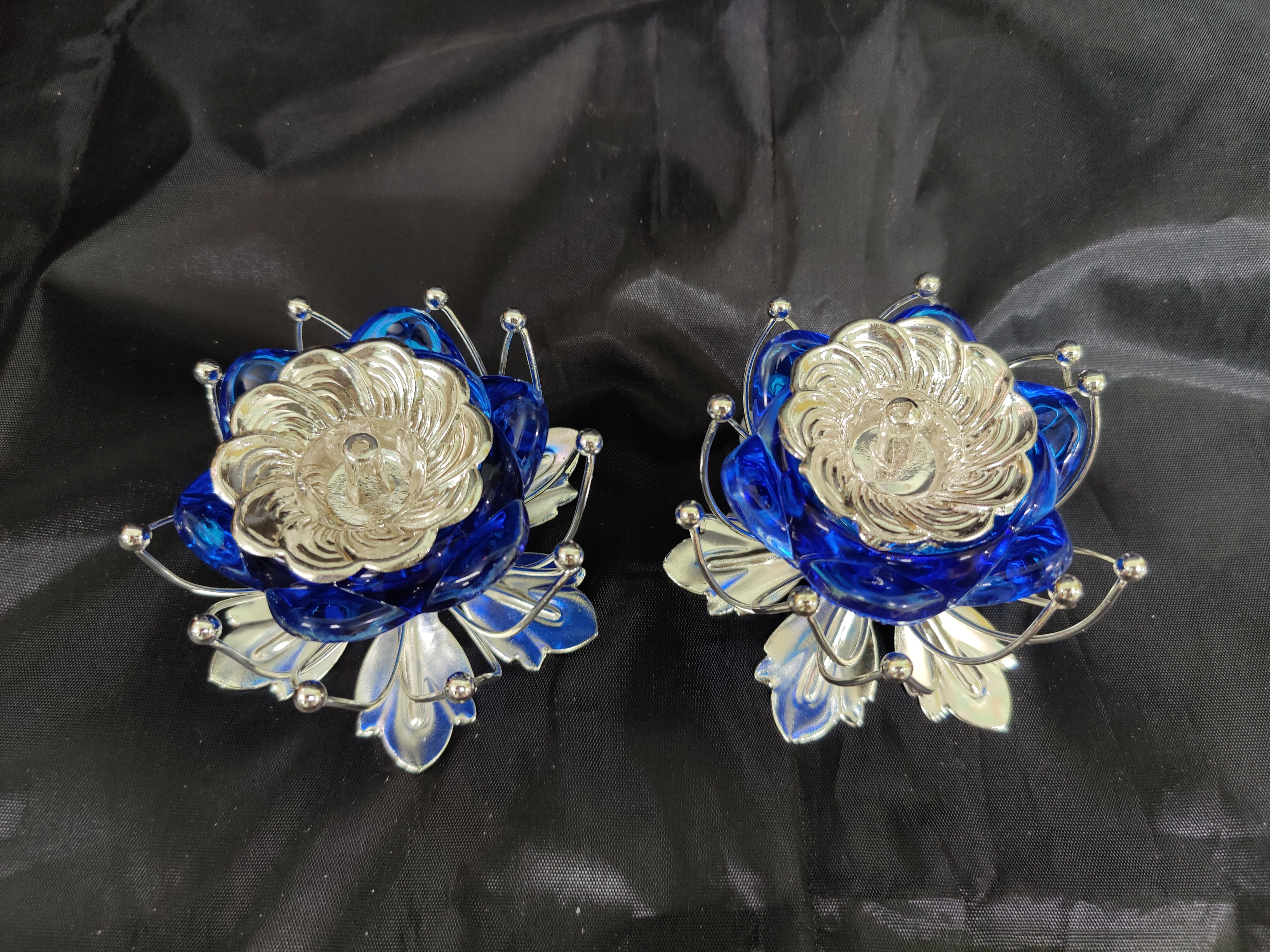 German Silver Lotus Stand With Fancy Diya Pair