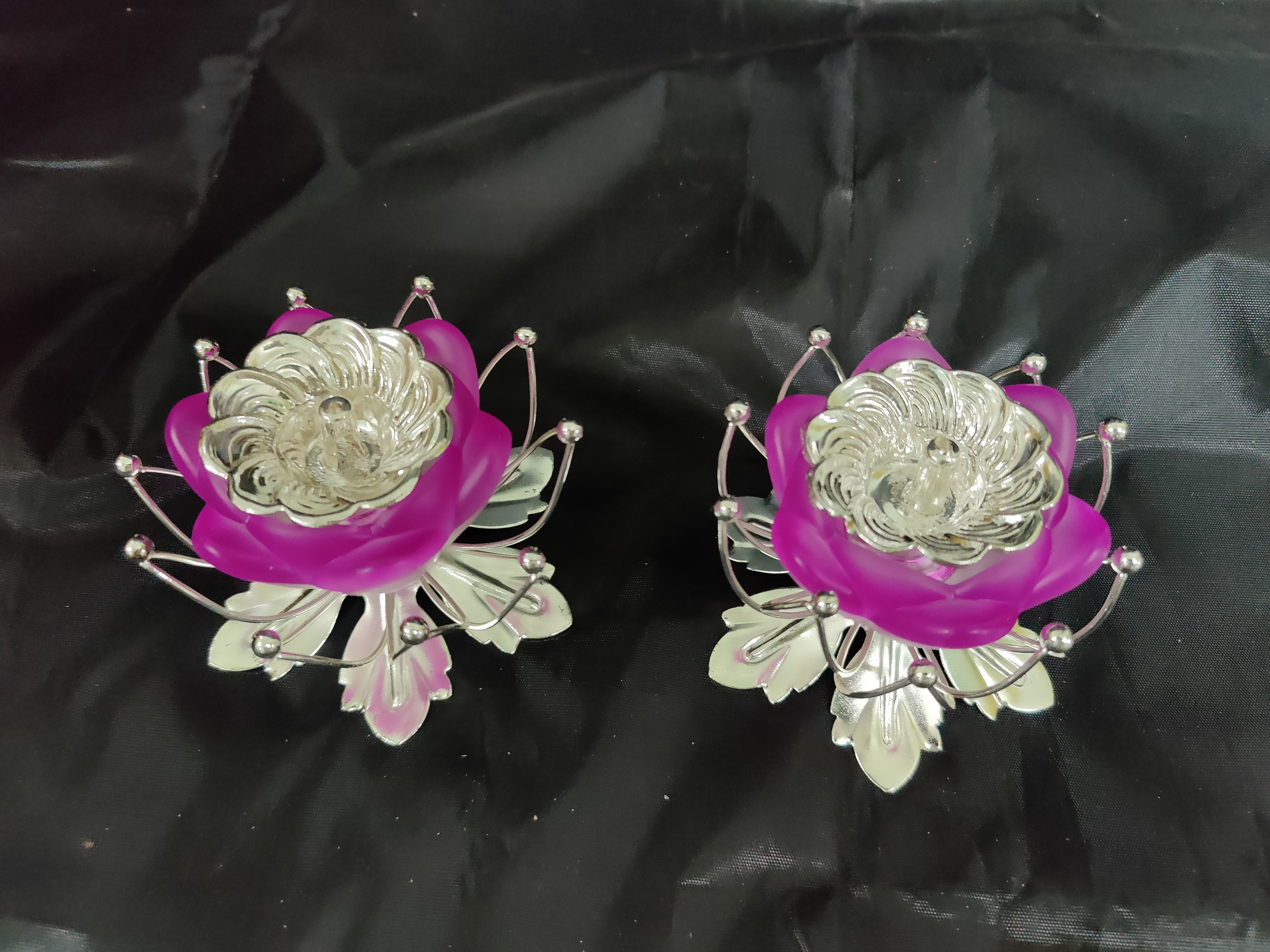 German Silver Lotus Stand With Fancy Diya Pair