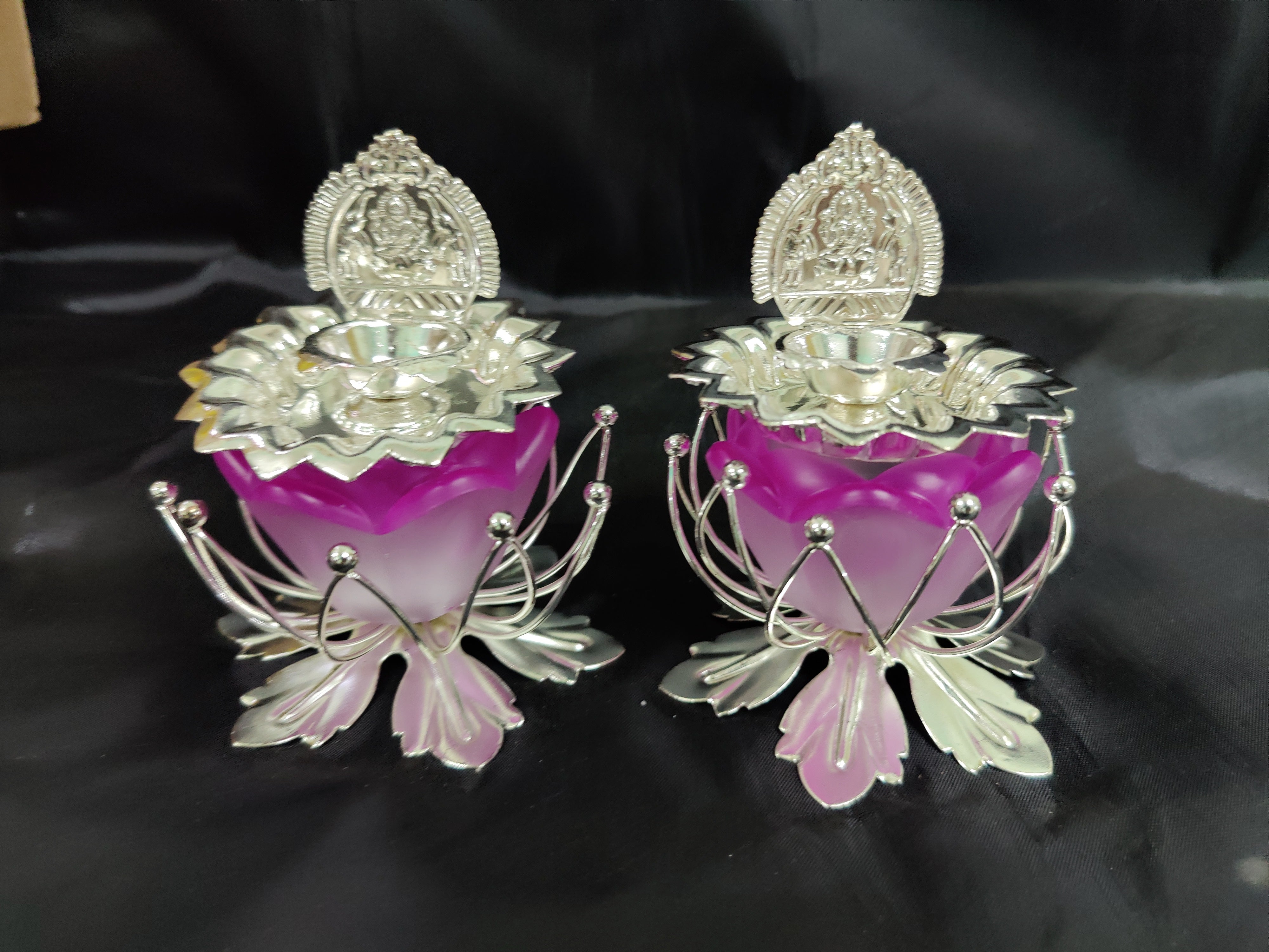 German Silver Lotus Stand 3" With Lakshmi Fancy Diya Pair (Princess Peach)