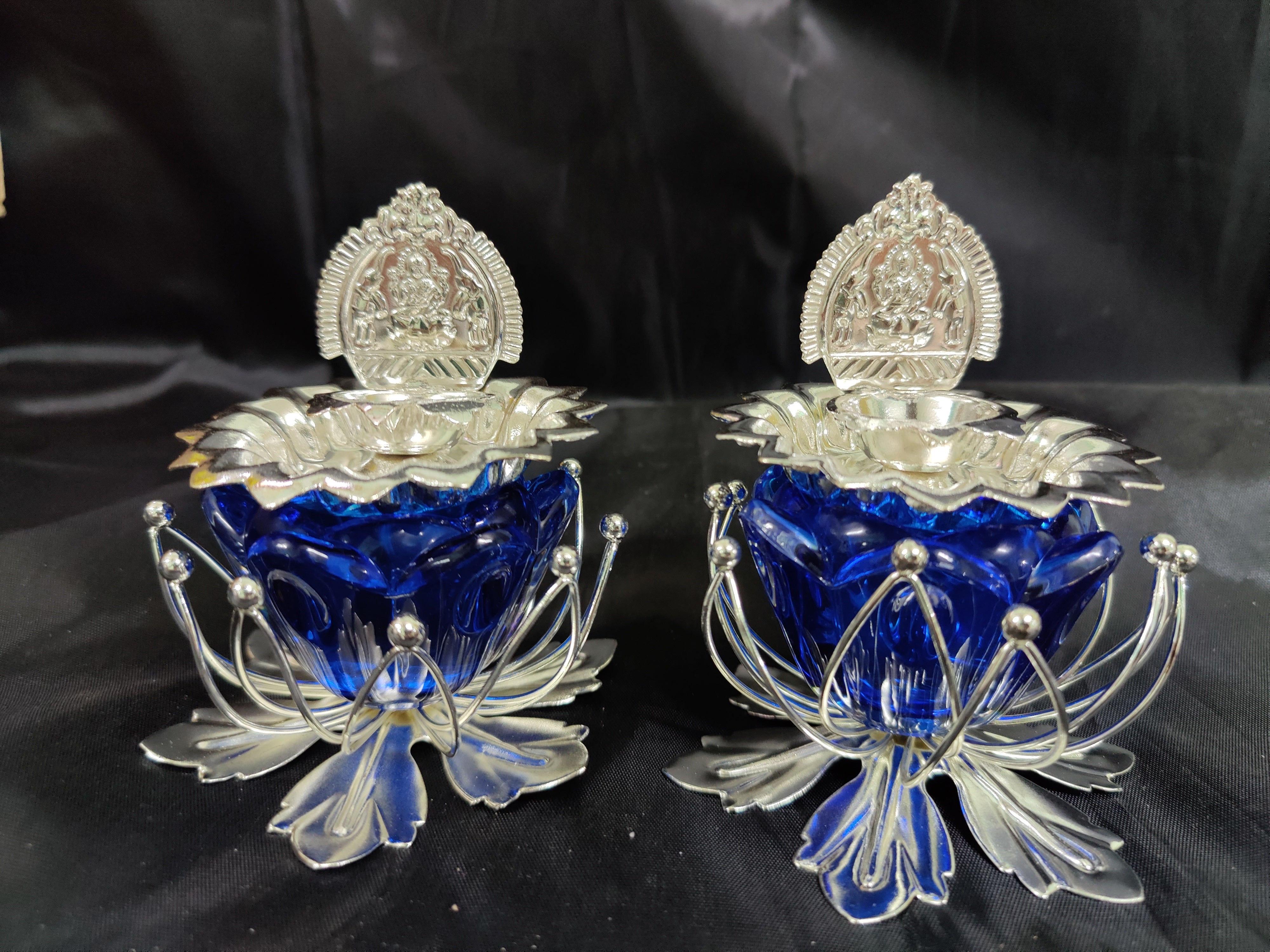 German Silver Lotus Stand With Lakshmi Fancy Diya Pair