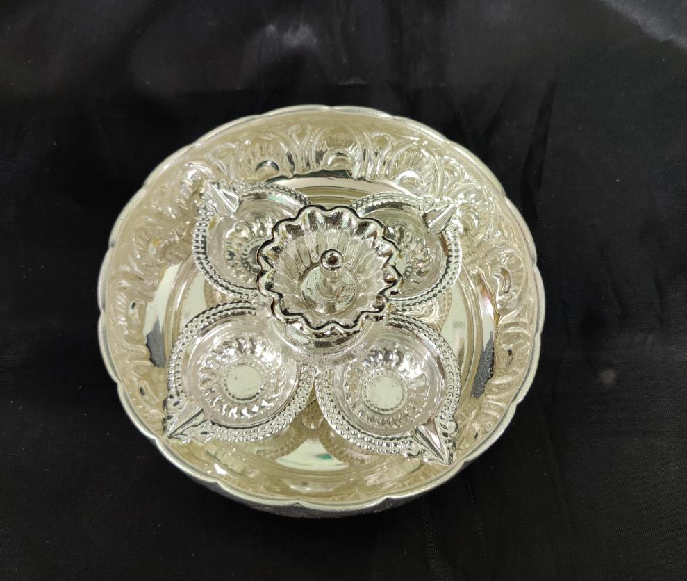German Silver Plate With Pancha Devdas Diya