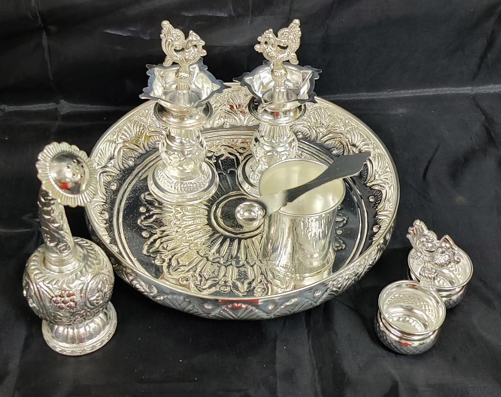 German Silver 10" Pooja Thali With 6" Fancy Diya