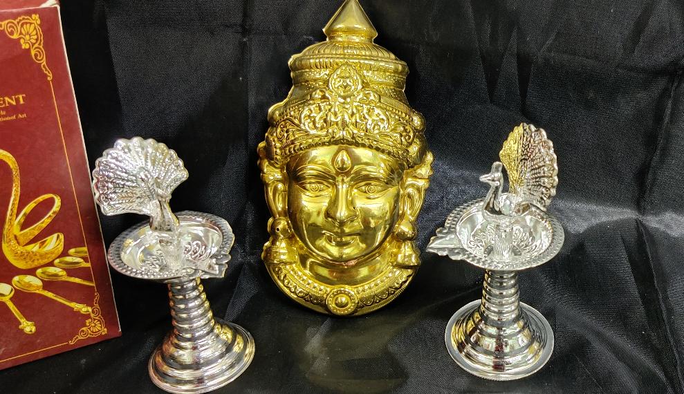 German Silver Lakshmi Gold Face 7" Peacock Diya Pair