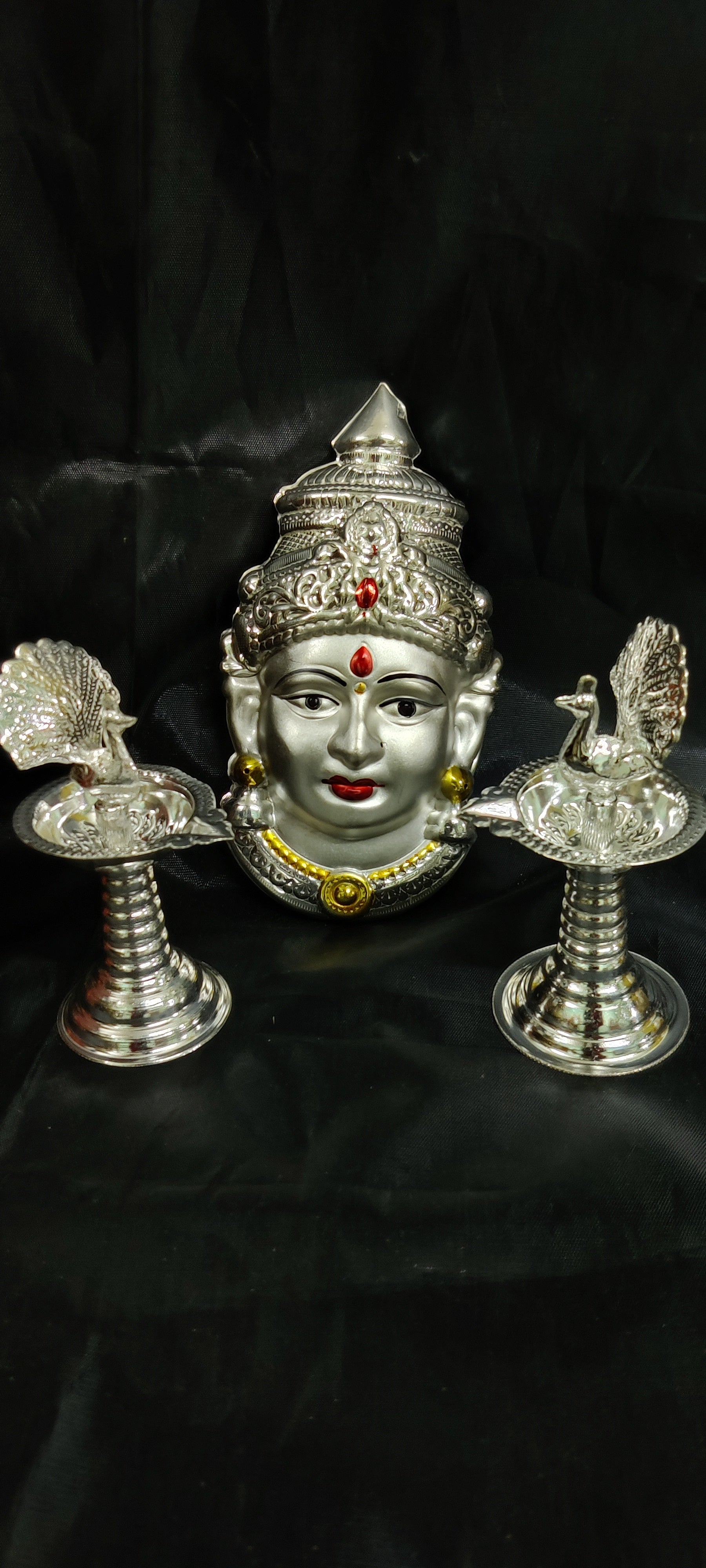 German Silver Lakshmi Pearl Face 7" Peacock Diya Pair