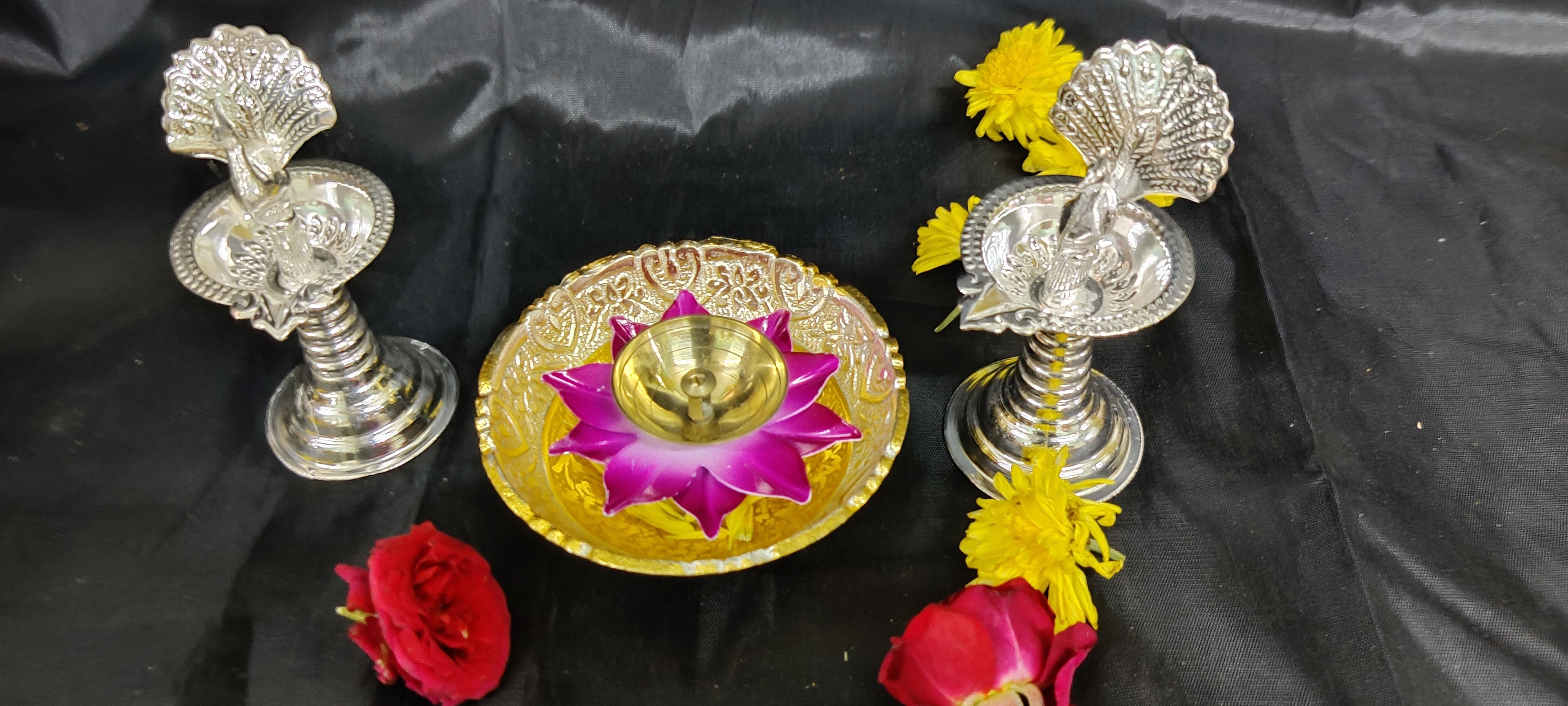 German Silver Peacock Diya Set
