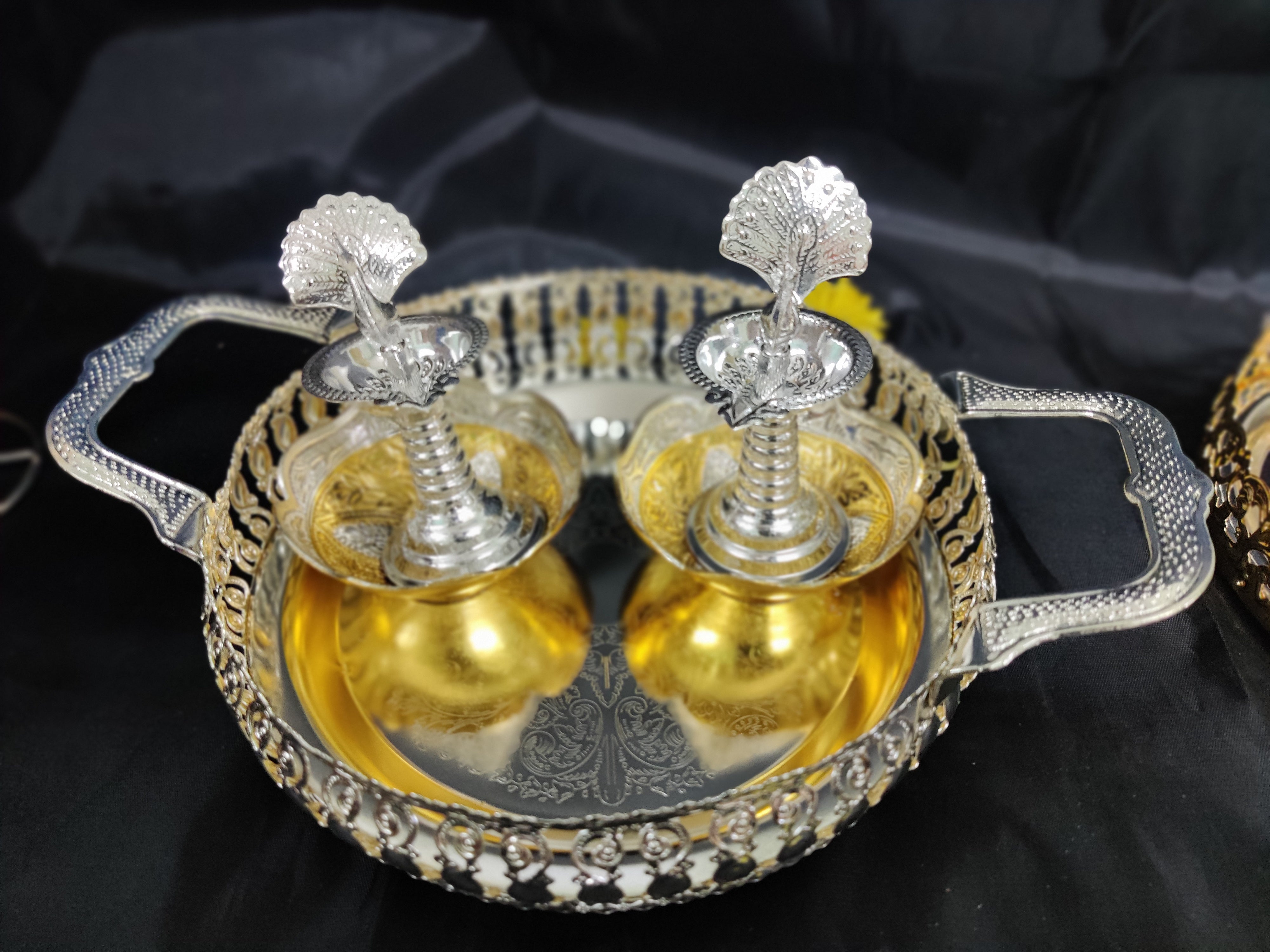 Imported Round Tray With Peacock 5"diya Pair
