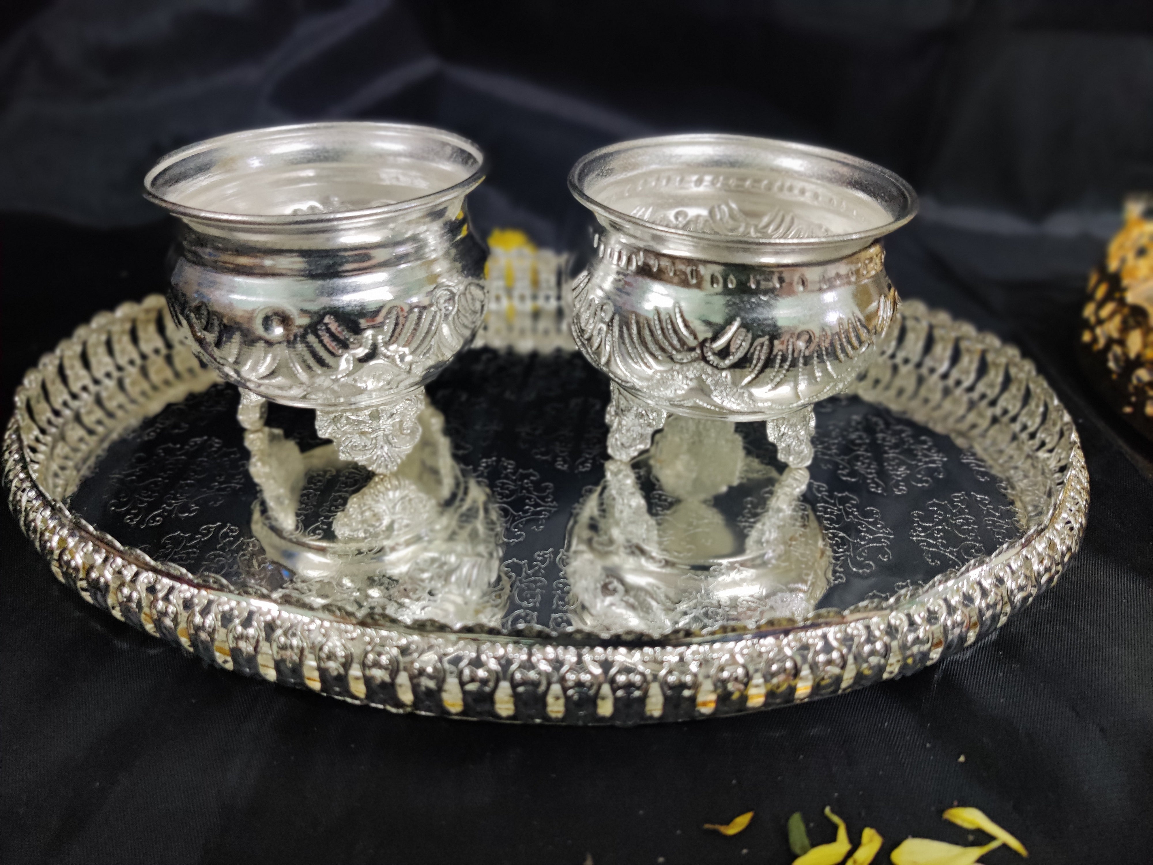 Imported Oval Tray With German Silver 3" Leaf Leg Bowls