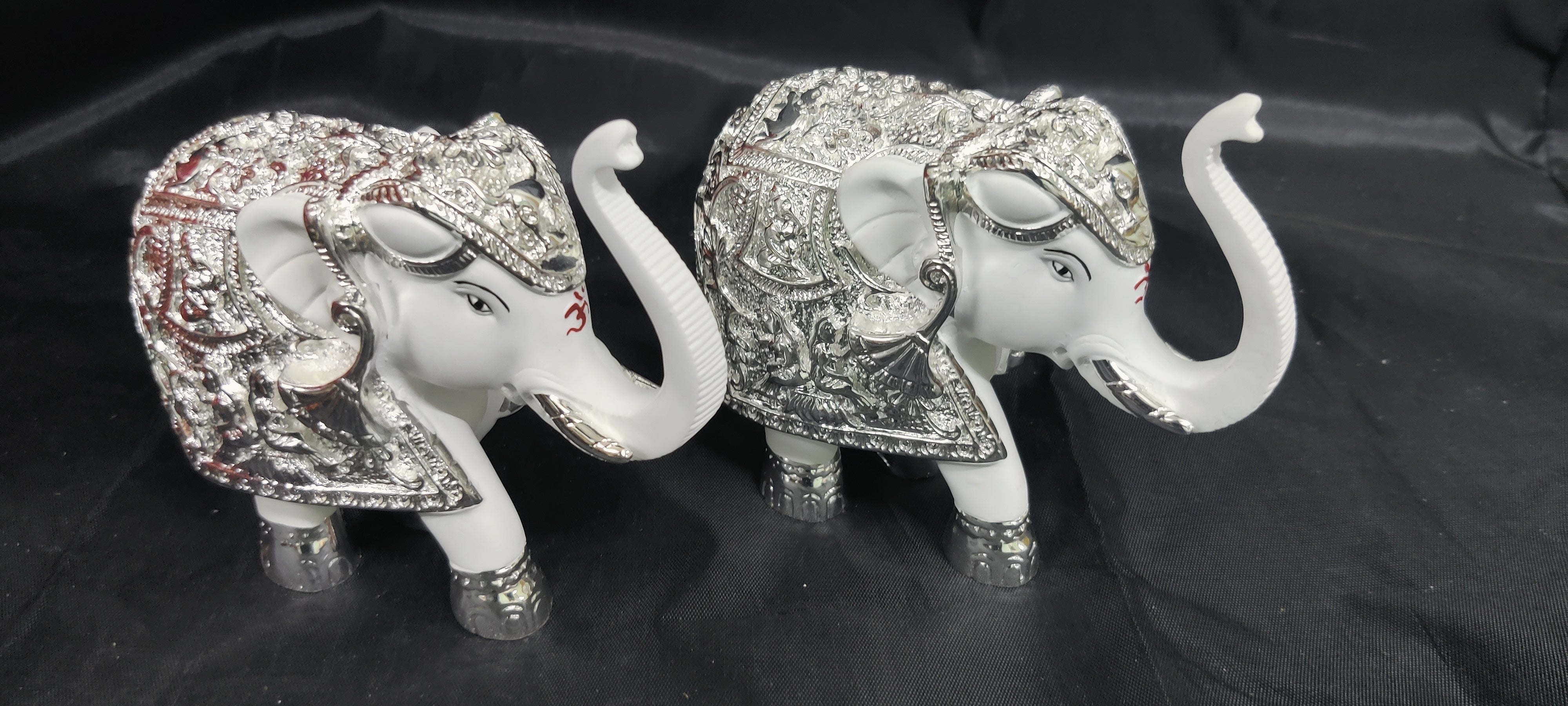 White & Silver Coated Elephants Pair 4"