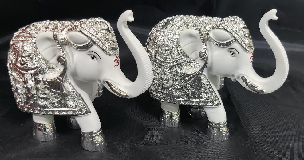 White & Silver Coated Elephants Pair 4"