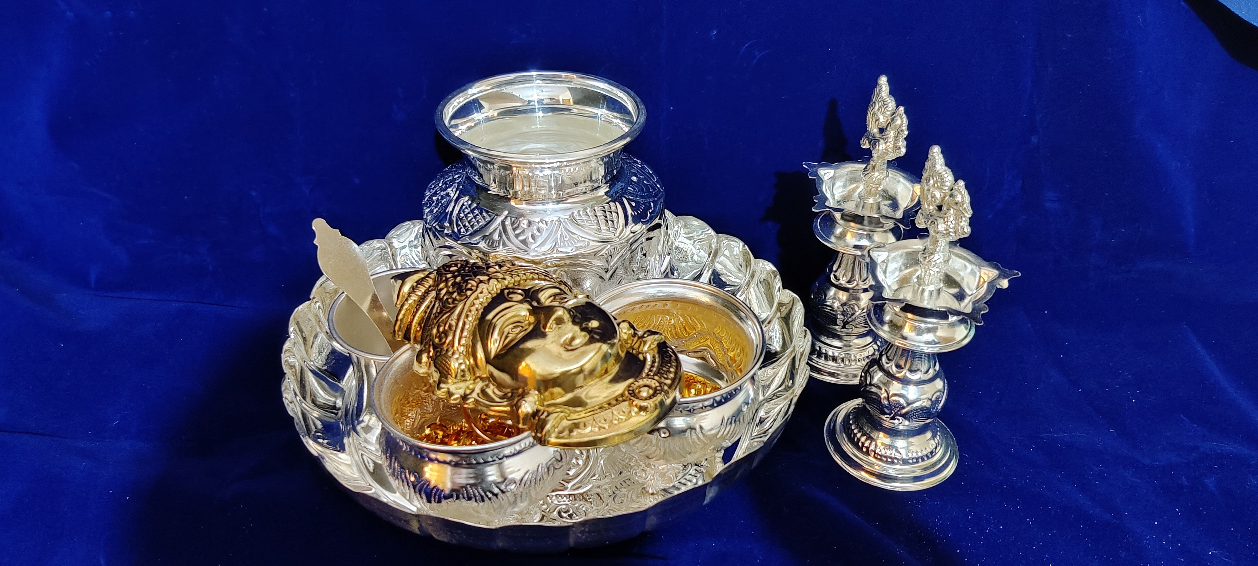 German Silver Lakshmi Poojathali With Fancy Diya 7inch Pair