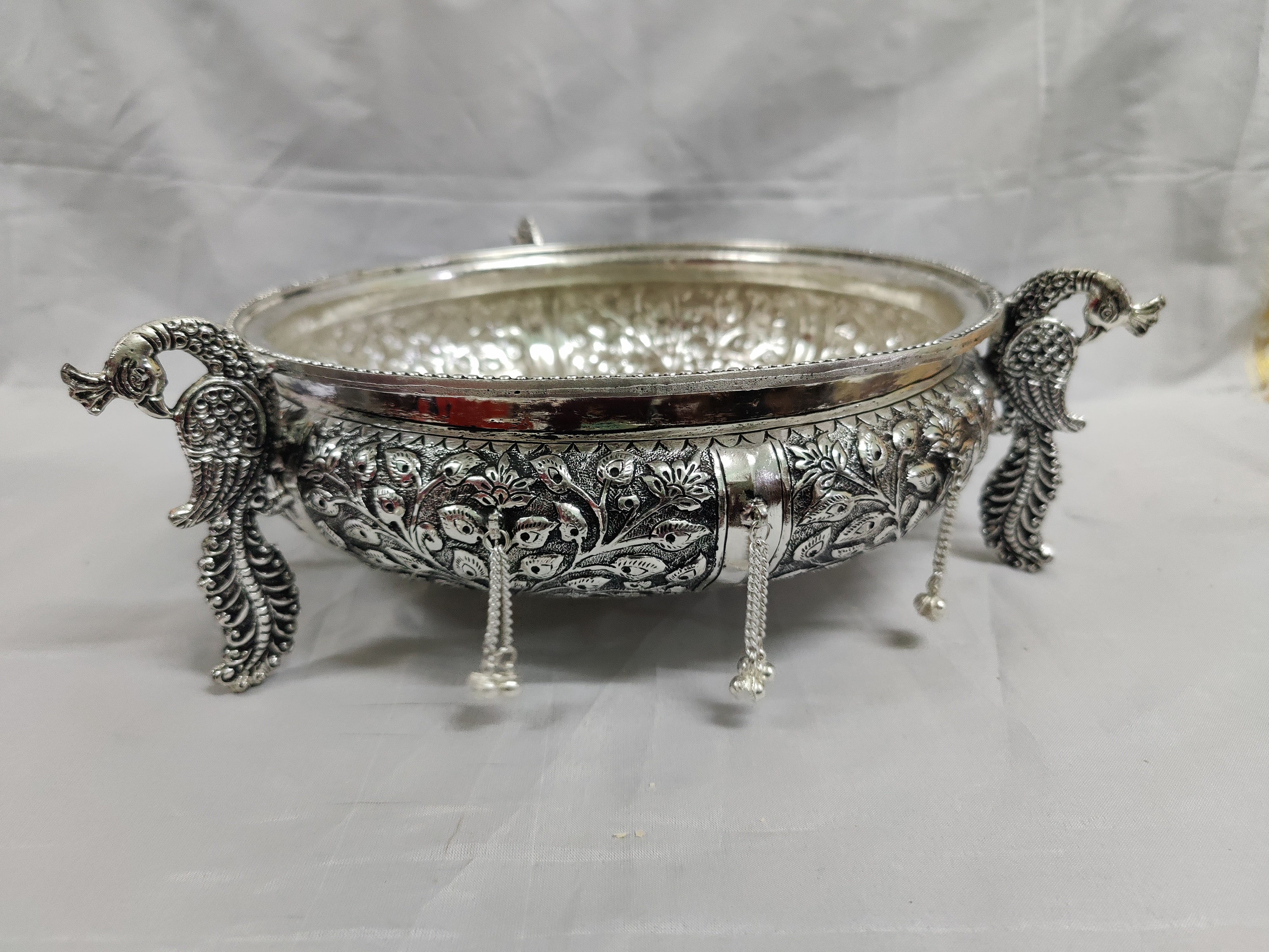 13" Antique German Silver Peacock Urli