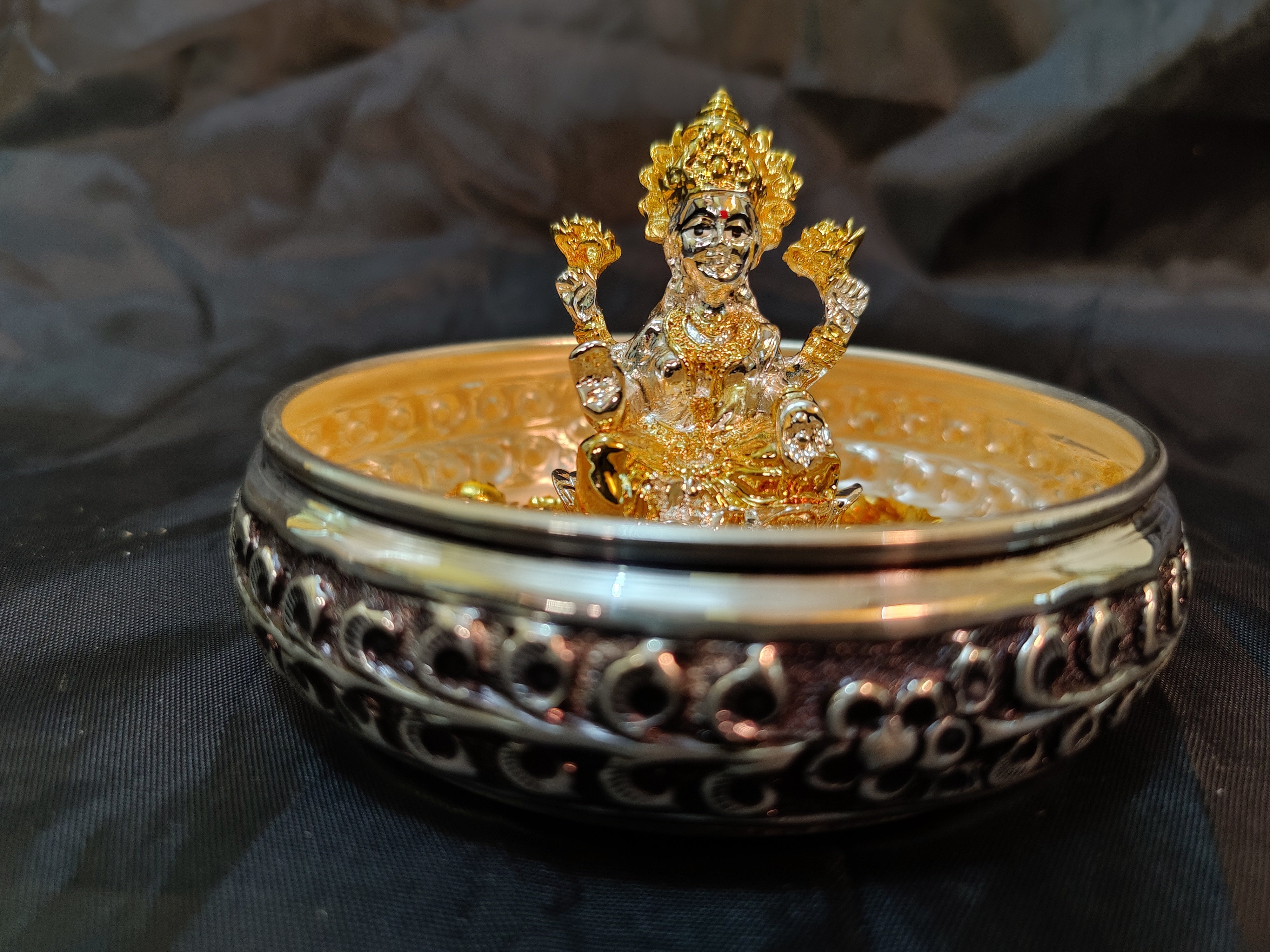 Antique German Silver Plate With Lakshmi Idol+ 108 Mantra Flowers