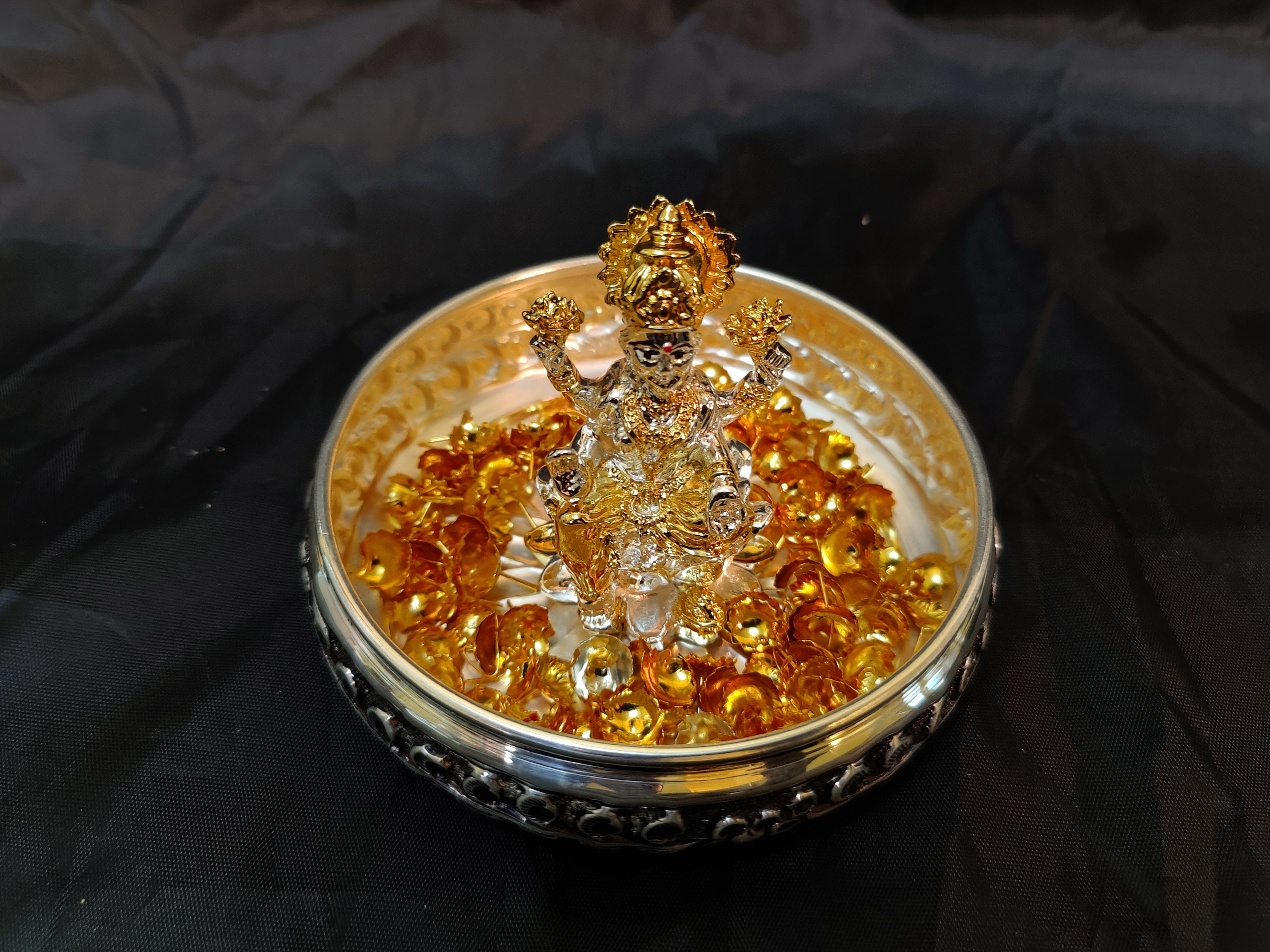 Antique German Silver Plate With Lakshmi Idol+ 108 Mantra Flowers