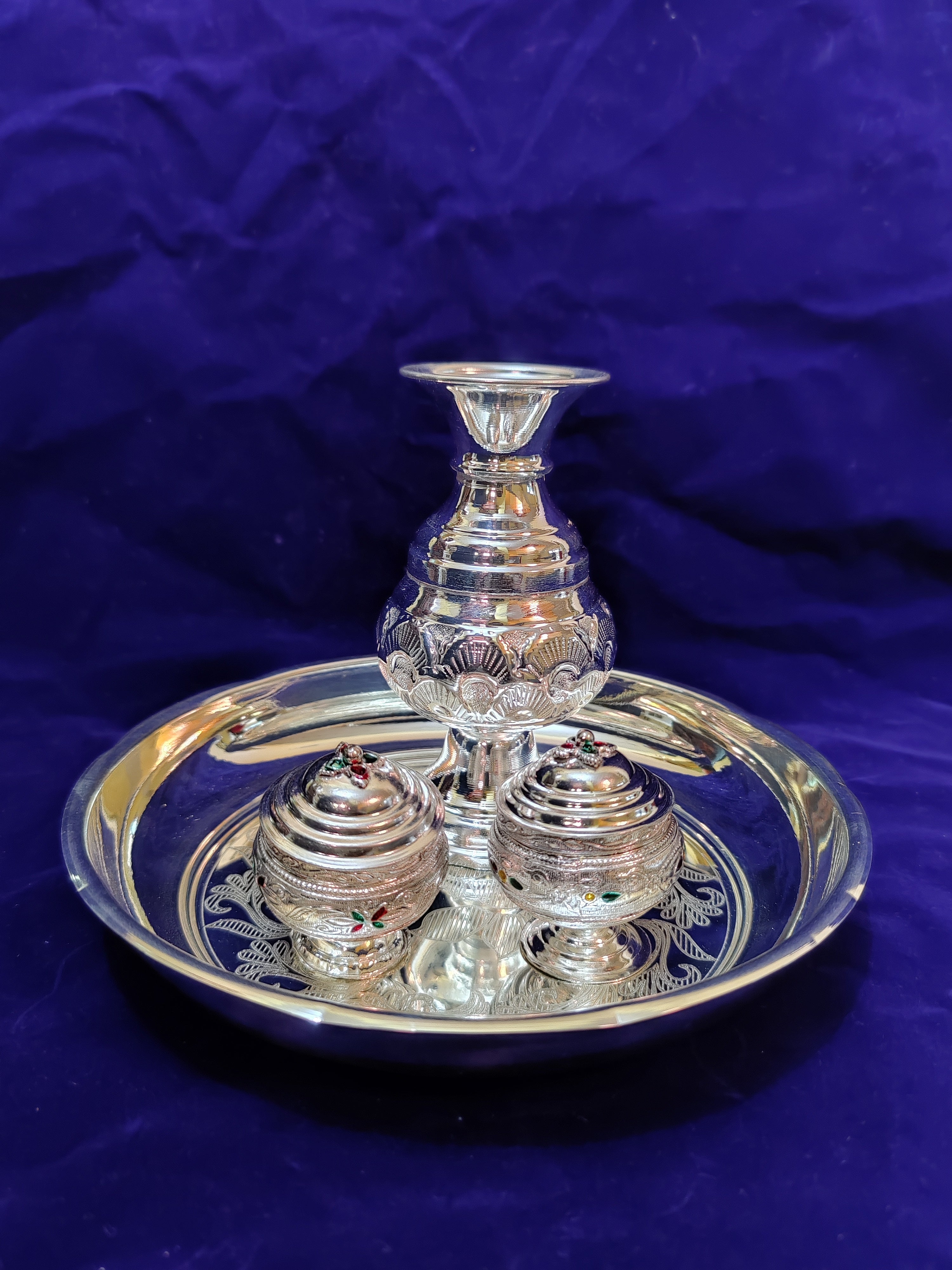 German Silver Kalsha Set With Kum Kum Dabbi