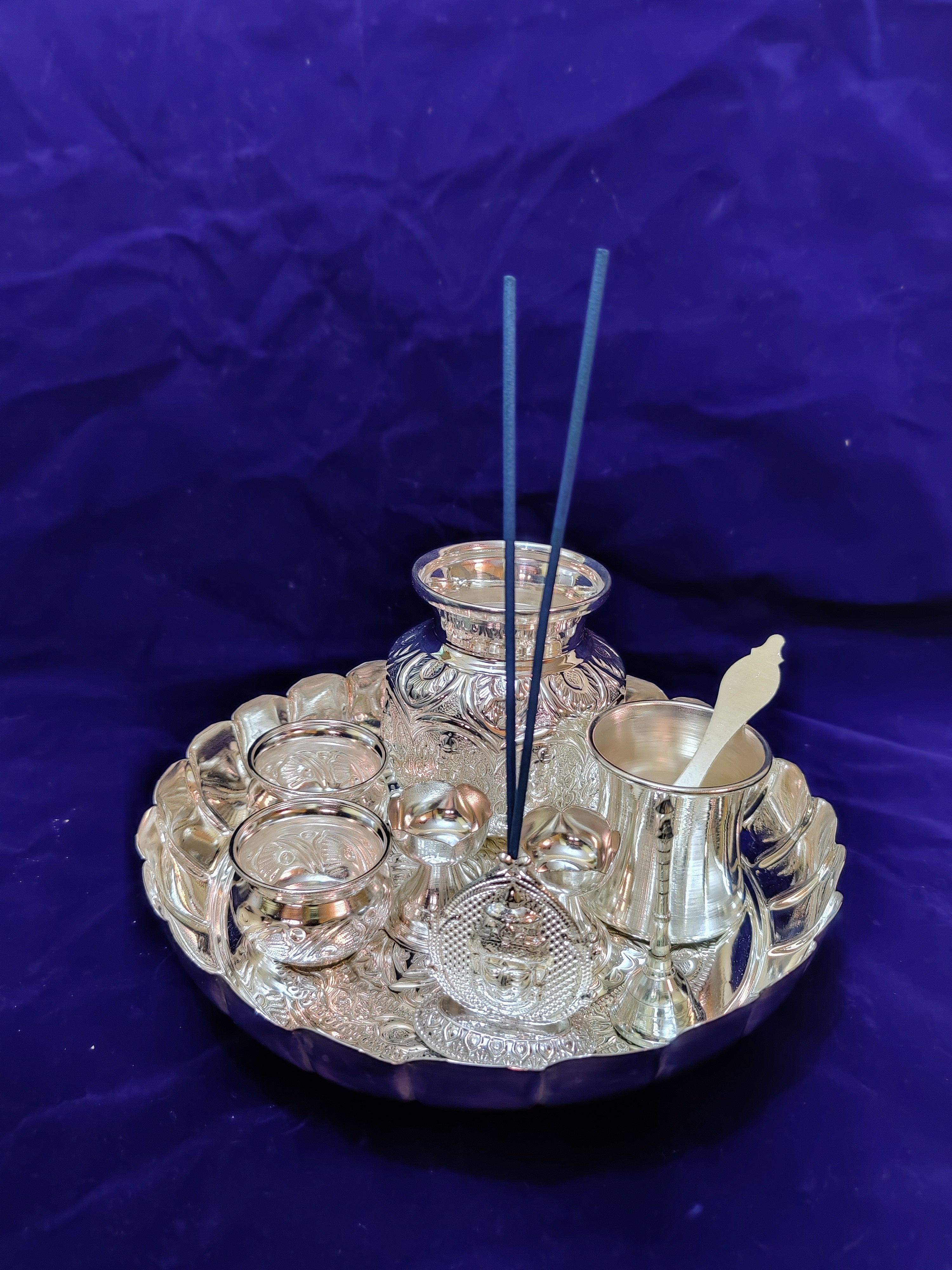 German Silver Flower Cut Plate 10" Pooja Thali
