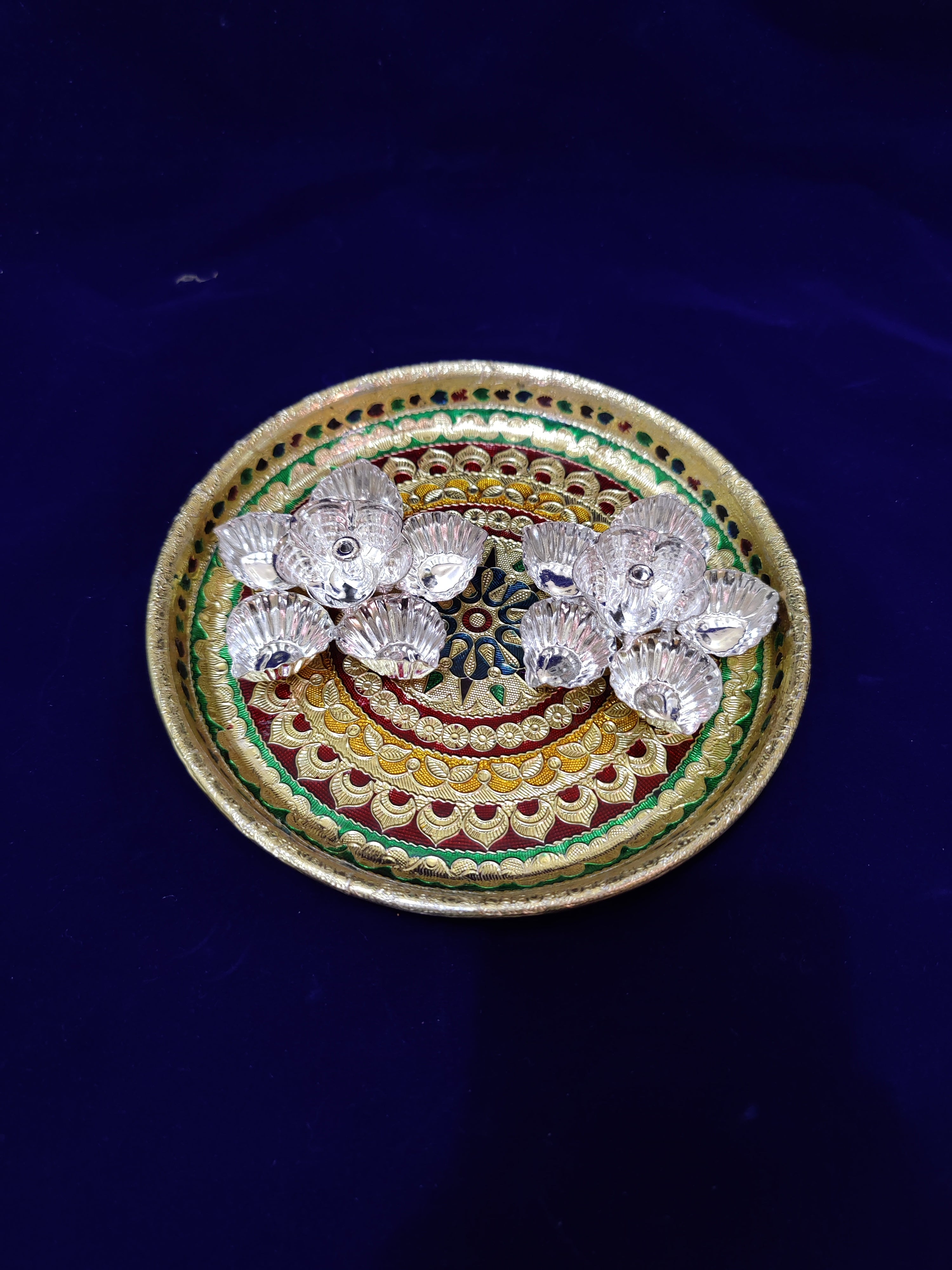 Meenakari Plate With German Silver Pancha Diya Pair