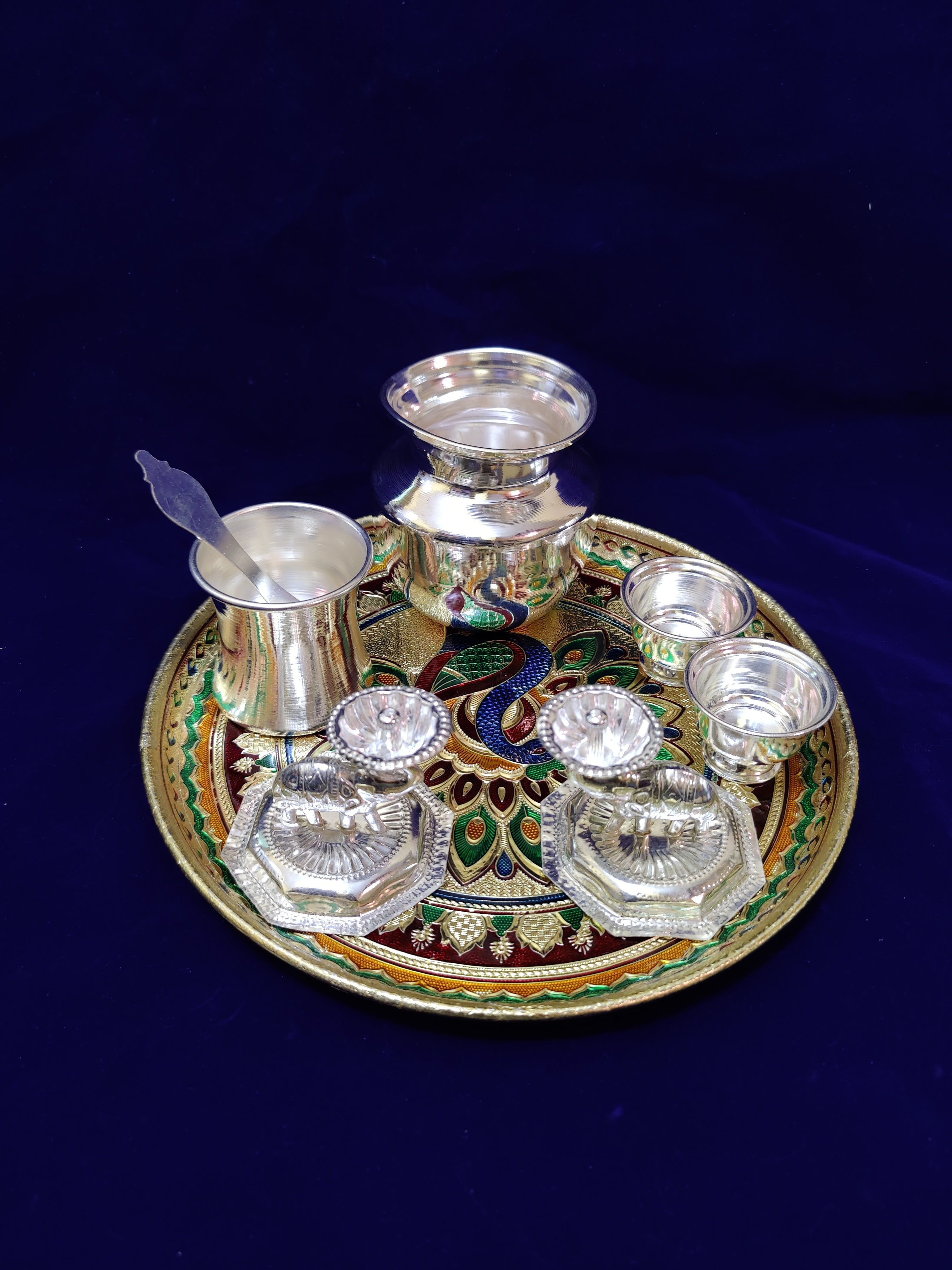 German Silver Meenakari 12" Pooja Thali