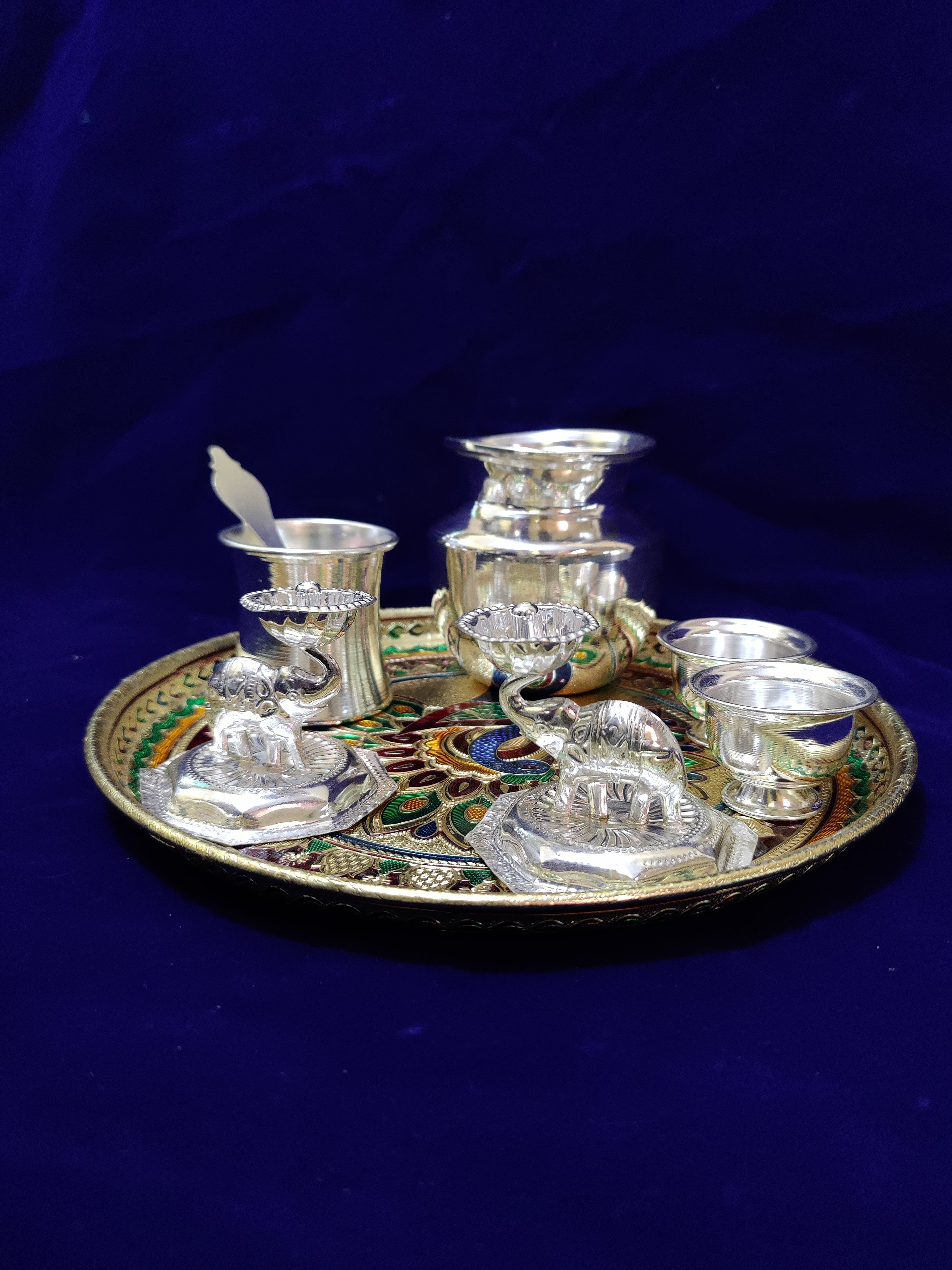 German Silver Meenakari 12" Pooja Thali