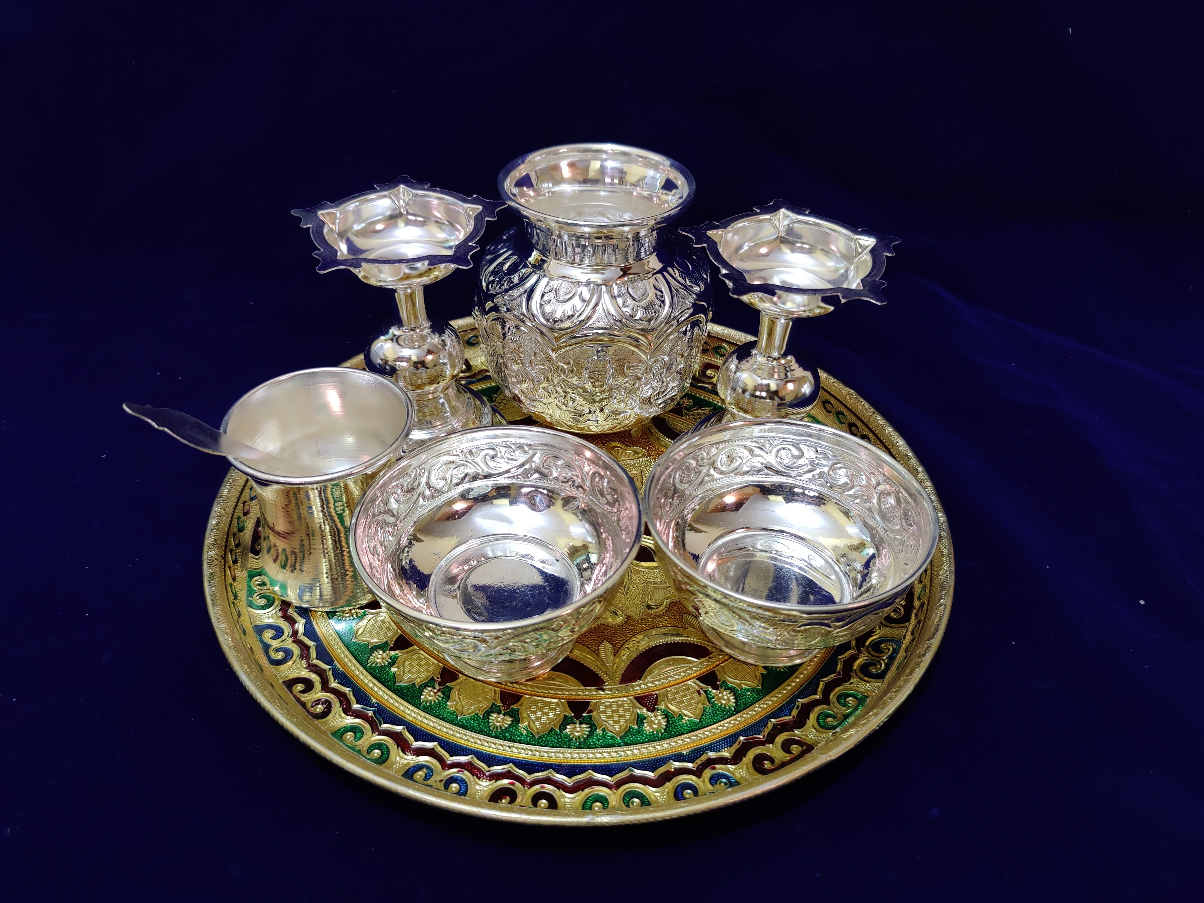 German Silver Meenakari 12" Pooja Thali