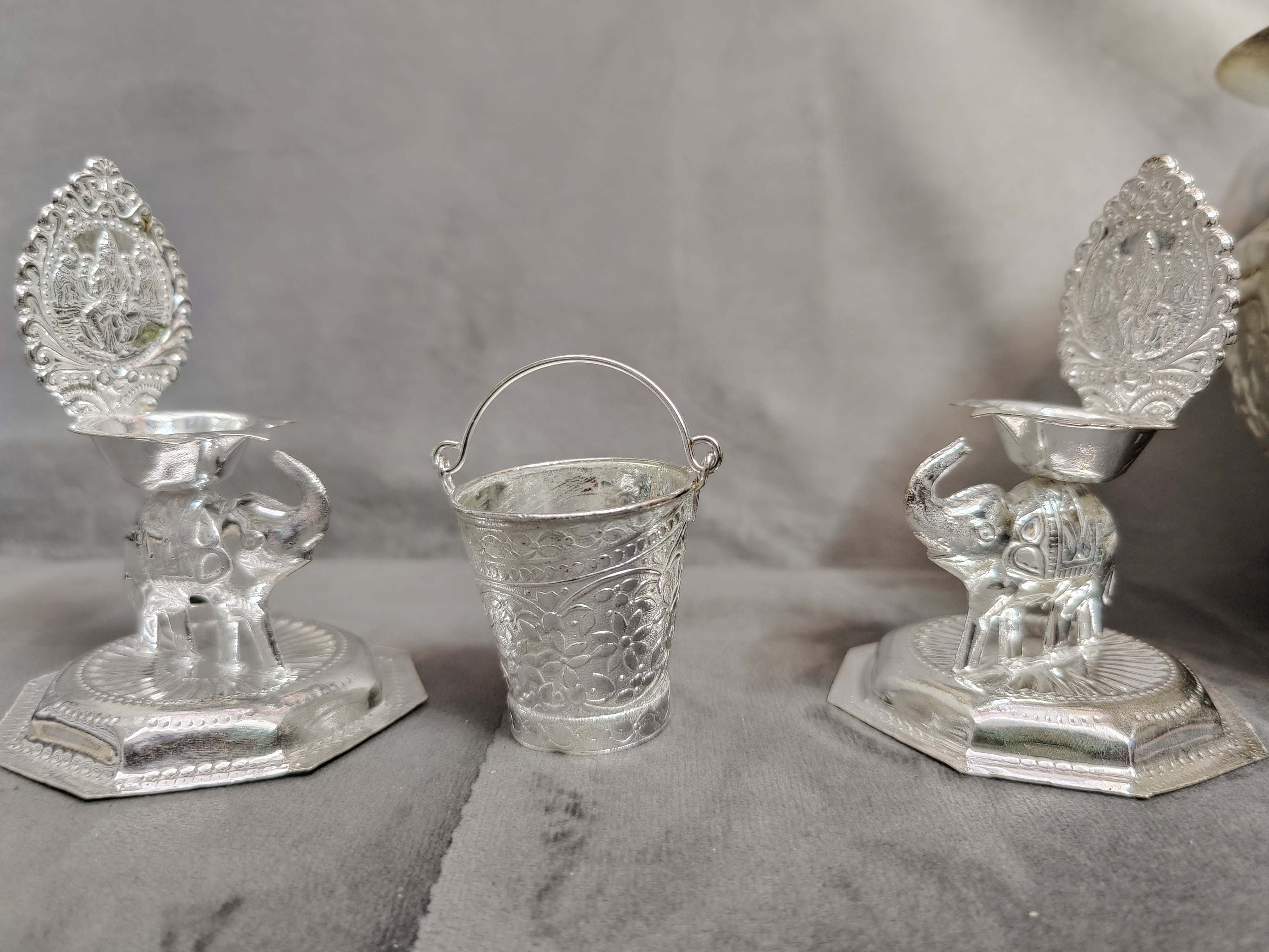 German Silver Gajalakshmi Diya 5" With Bucket
