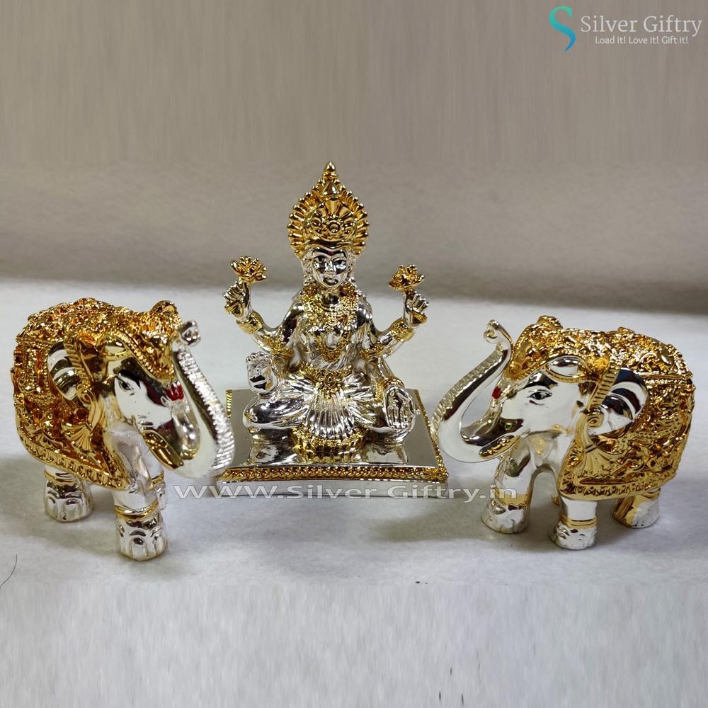 4" Lakshmi Idol Gold and Silver 3" Elephants Pair | Silver Giftry | SGT20K036