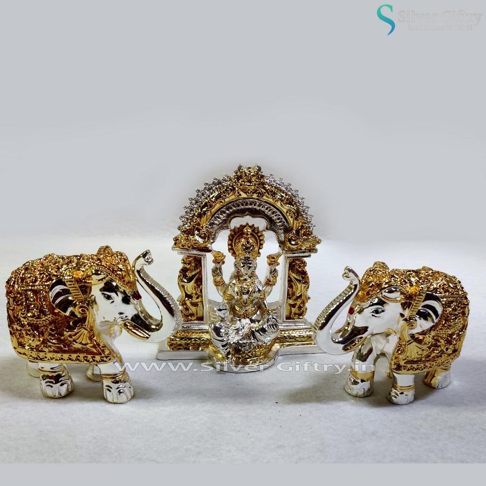 4.5" Lakshmi Idol Gold and Silver 3" Elephants Pair | Silver Giftry | SGT20K040