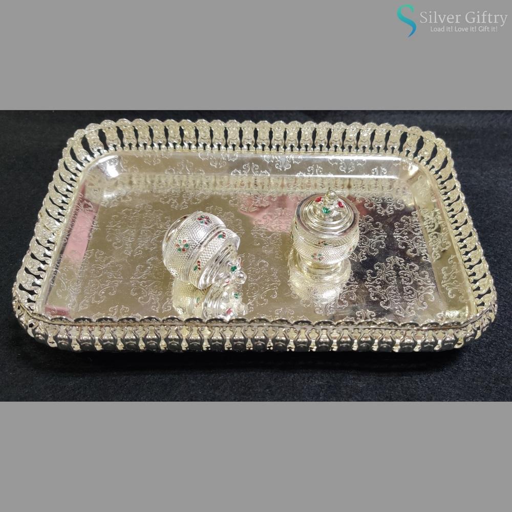 9" Imported Tray With German Silver Meena Dabbi | Silver Giftry | SGT20K055