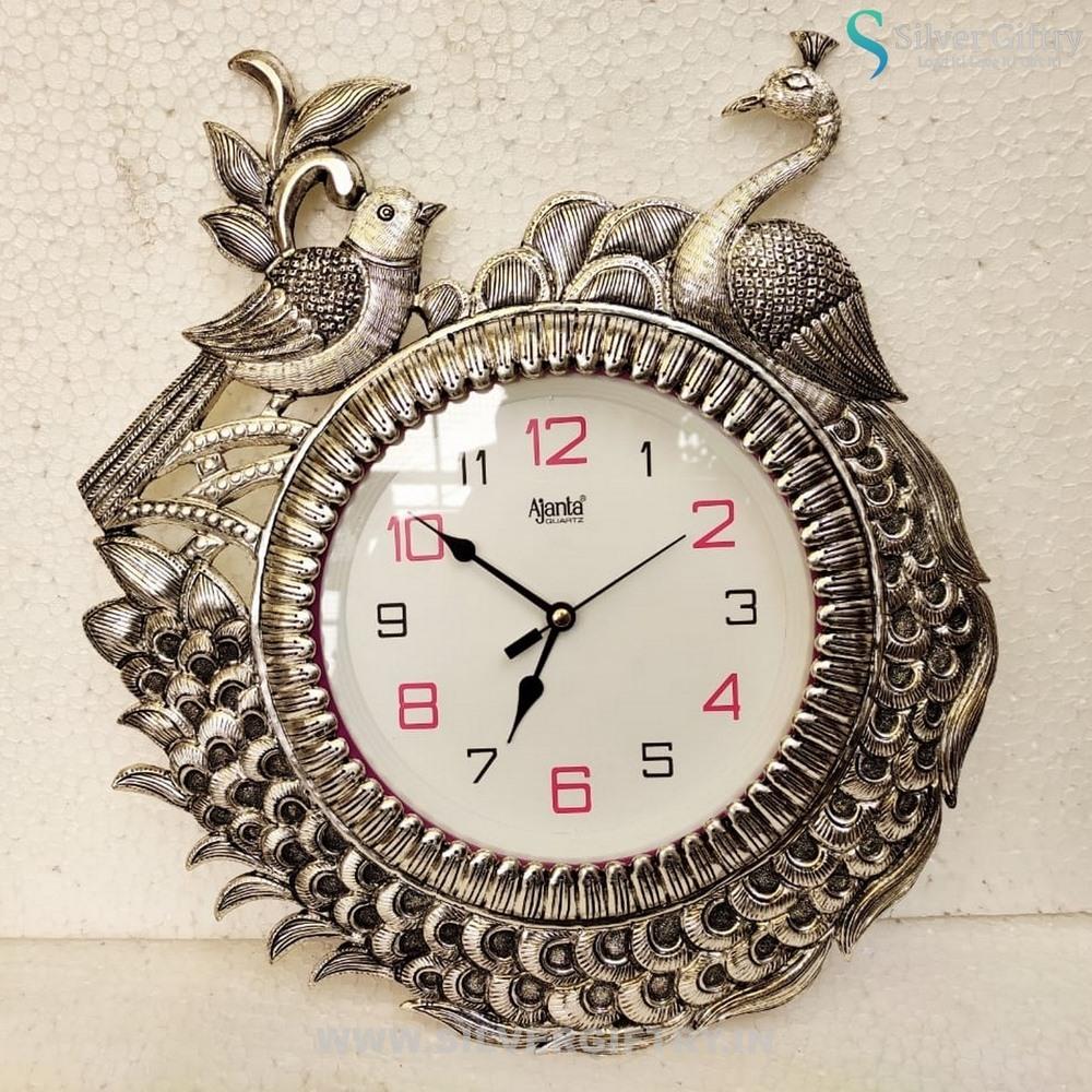 Antique German Silver Peacock Design Wall Clock 14" | Silver Giftry | SGT20K074
