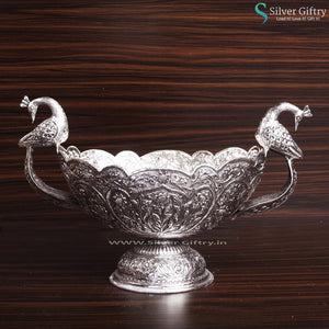 Antique Peacock Design Urli With Stand | Silver Giftry | SGT20K081