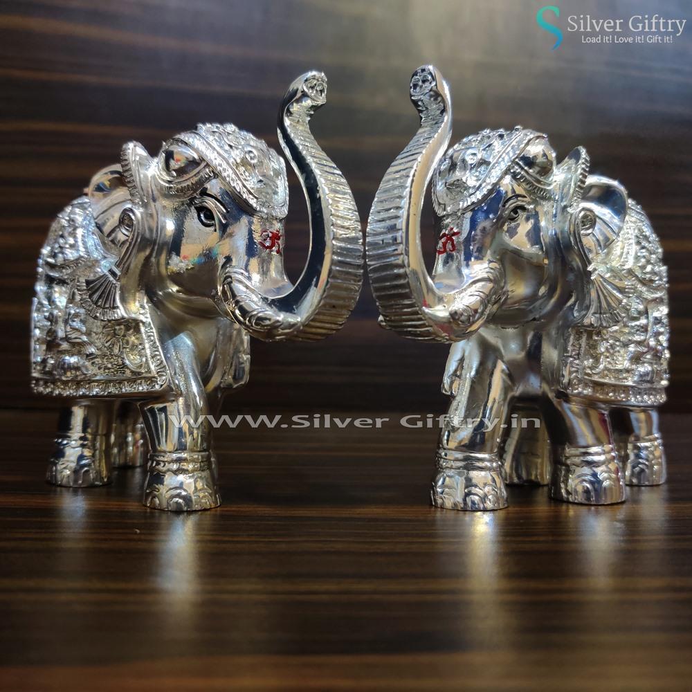 Antique Pure Silver Coated Elegant Elephants 8.5" Pair | Big | Silver Giftry | SGT20K082