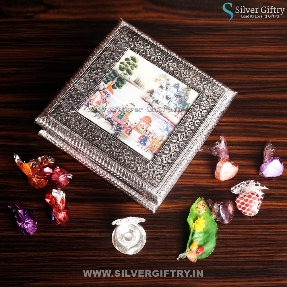 Antique Silver Dry Fruit Box With Kamakshi Deepam | Silver Giftry | SGT20K085