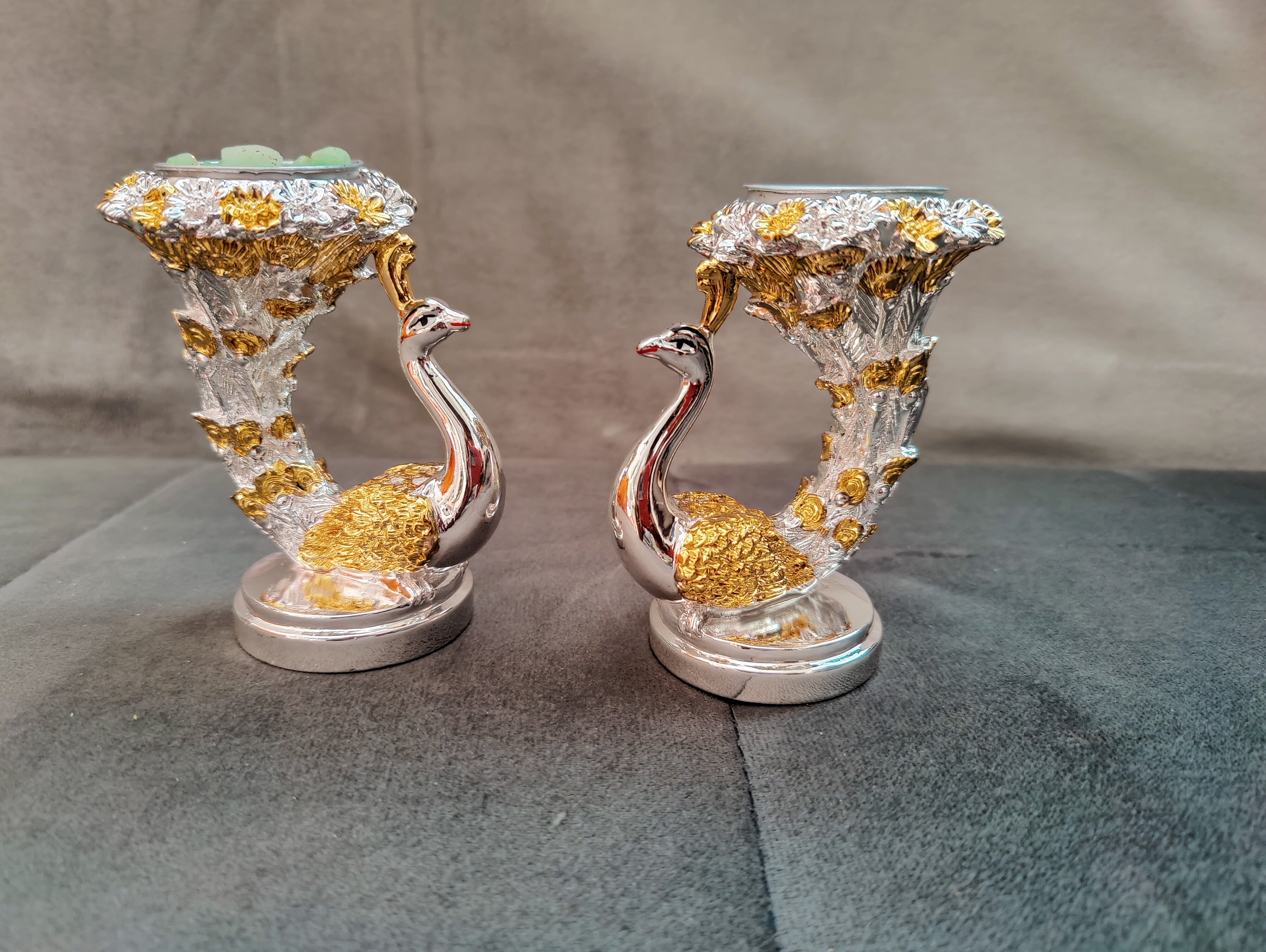 Peacock candle stand gold and silver pair 4"