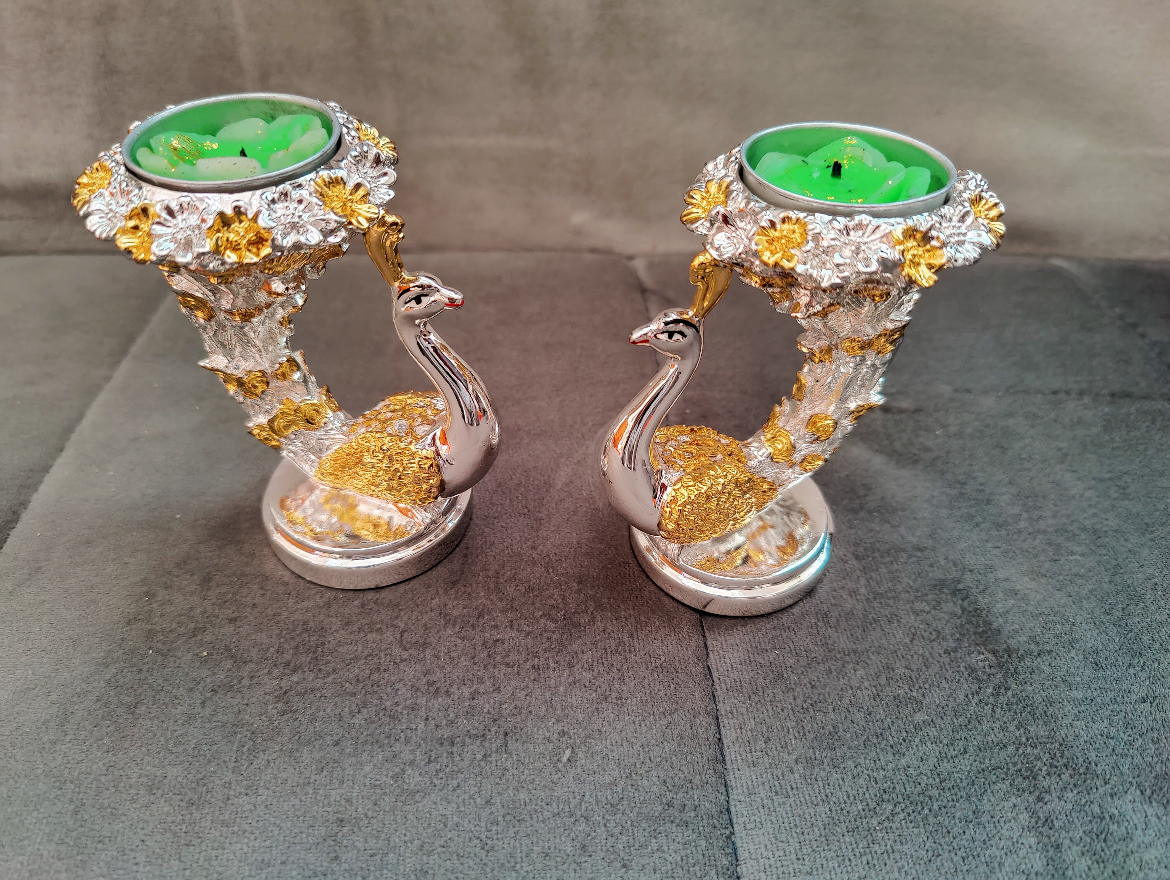 Peacock candle stand gold and silver pair 4"