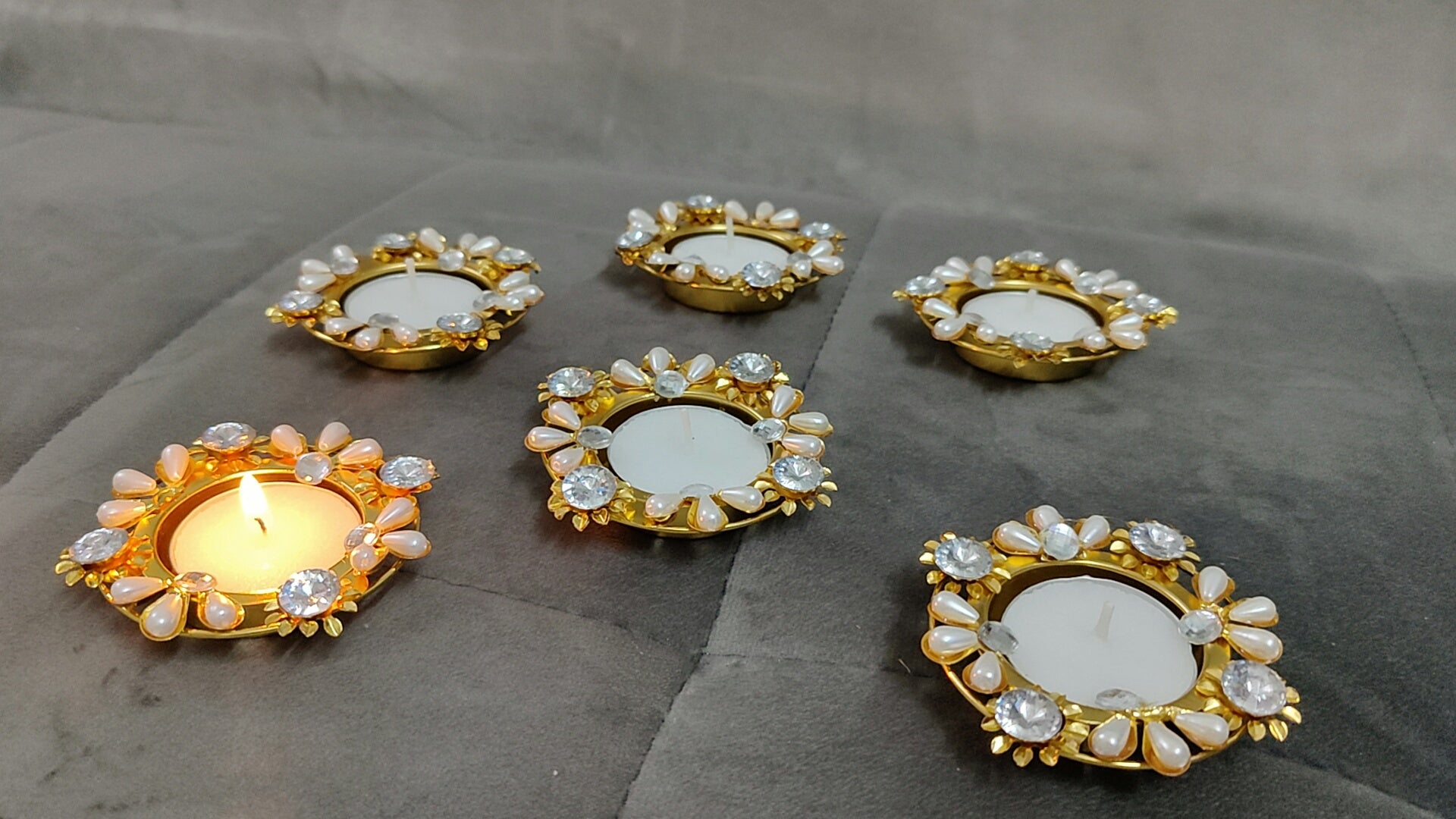 Acyleric metal candle pearl stoned diyas set of 6 pcs