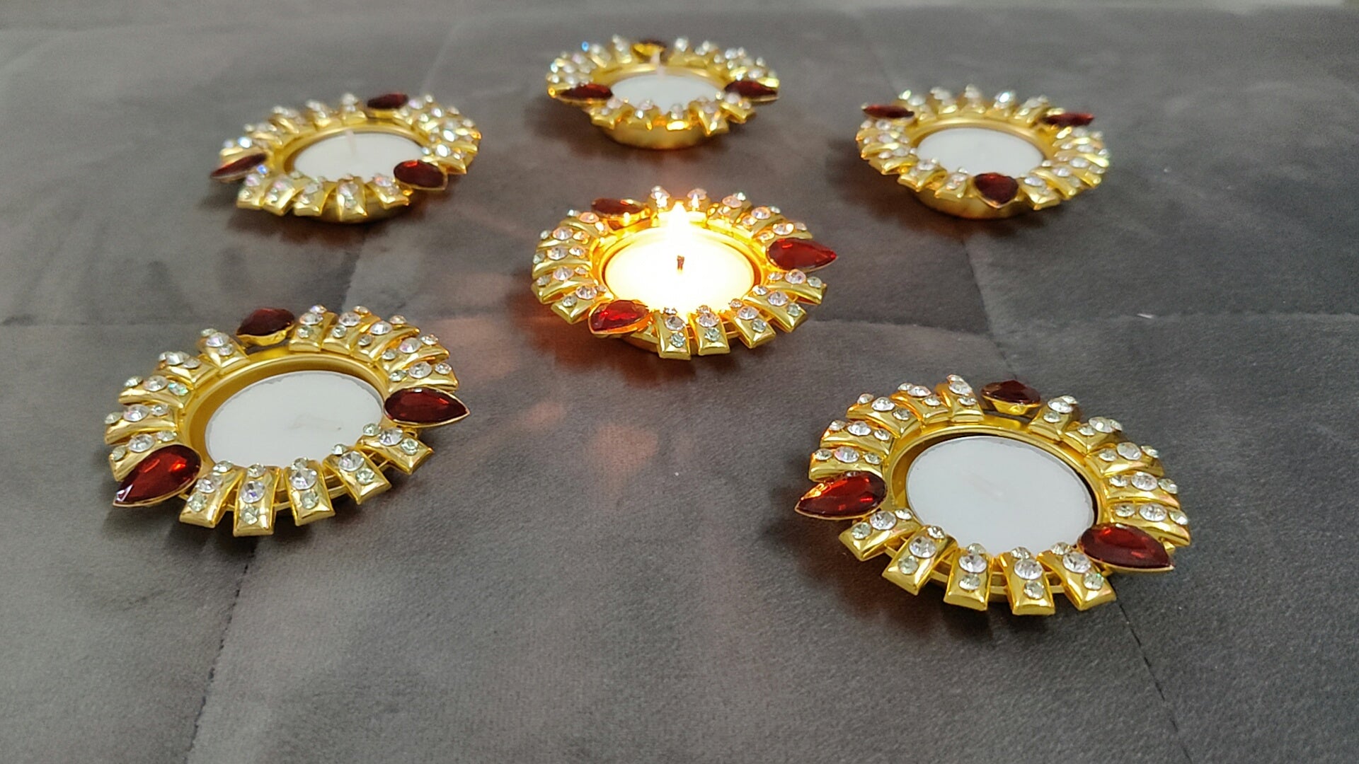 Acyleric metal candle multi stoned diyas set of 6 pcs