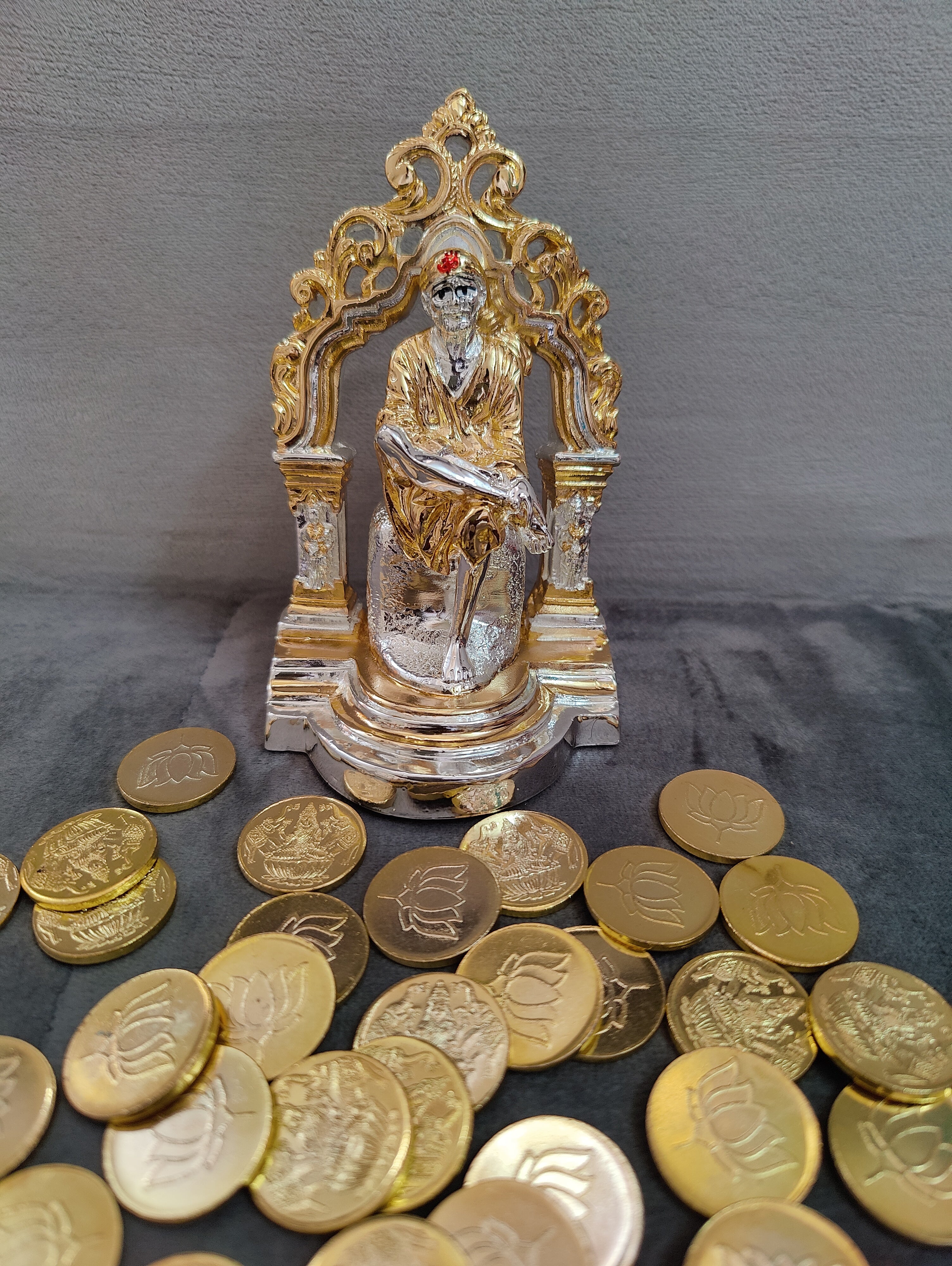 Sai baba Idol (Gold and Silver) 5" + Mantra Coins 108
