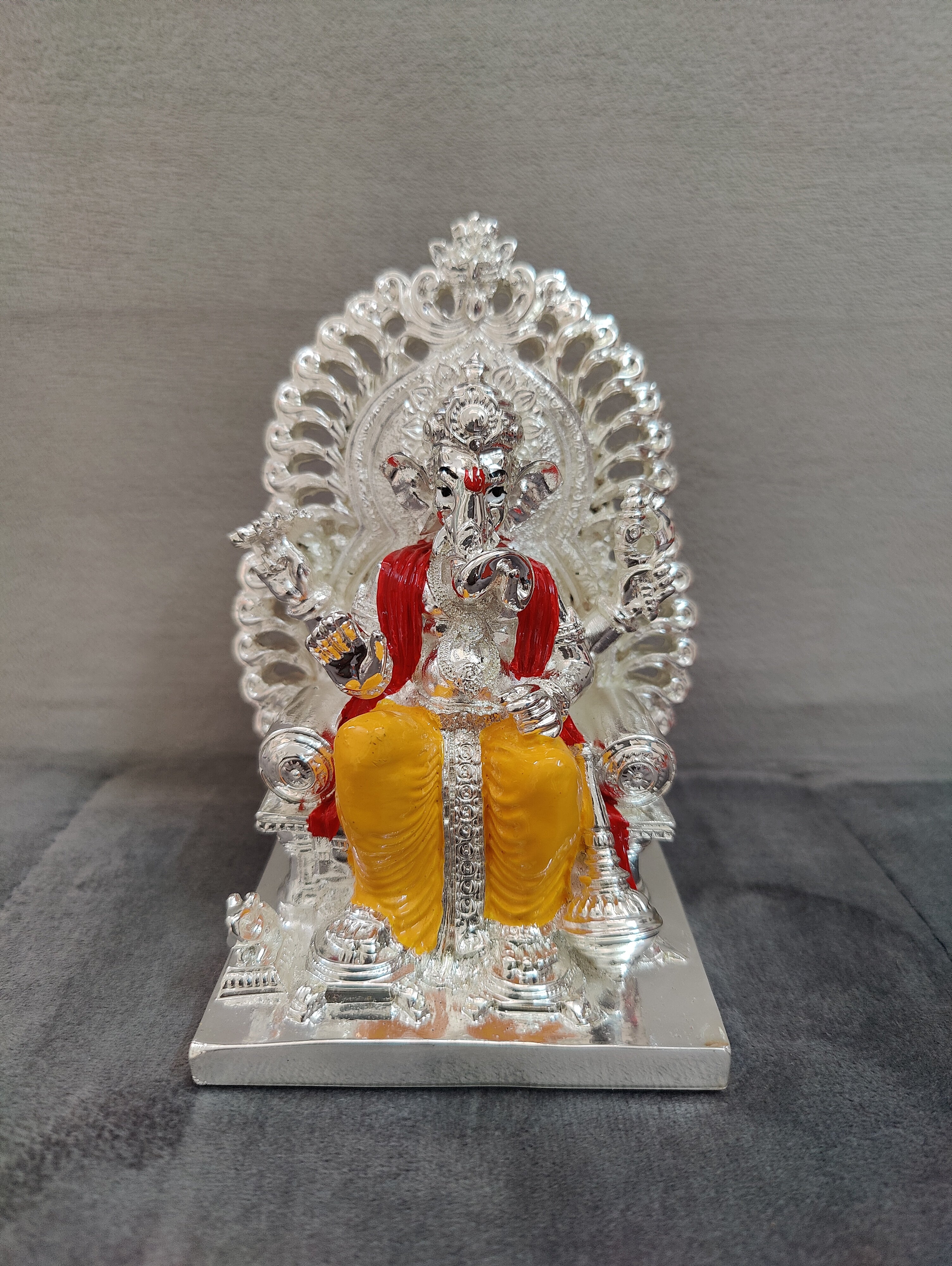 Maharaja Ganesh Idol (Gold and Silver) 5" Red and Yellow